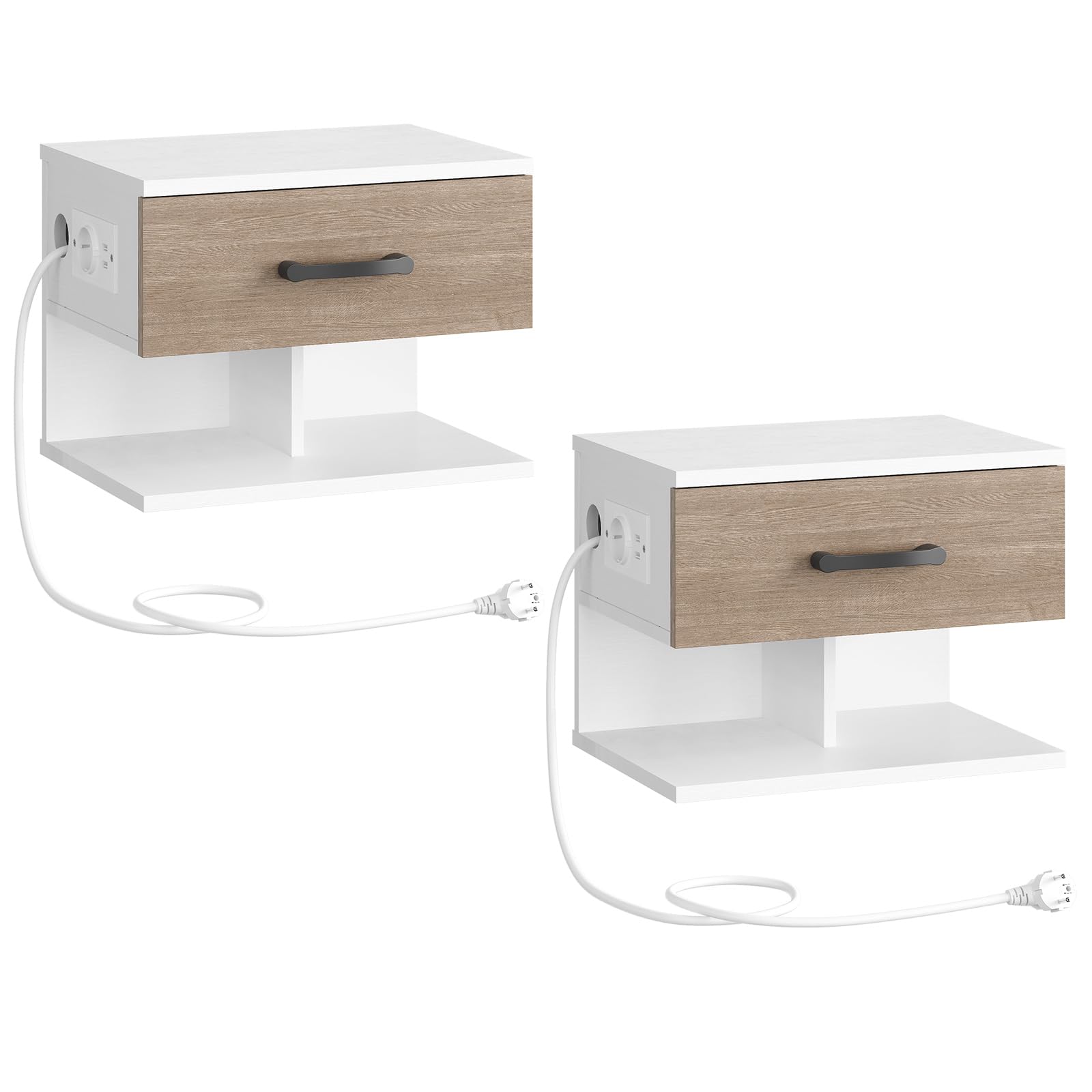 HOOBRO Mesillas de Noche Suspendidas, Juego de 2 Mesas, Mesas de Pared con Base de Carga y Cajón, Modernas Mesas Auxiliares, 1 Enchufe Estándar y 2 Puertos USB, Blanco y Gris EWG127CBZP201