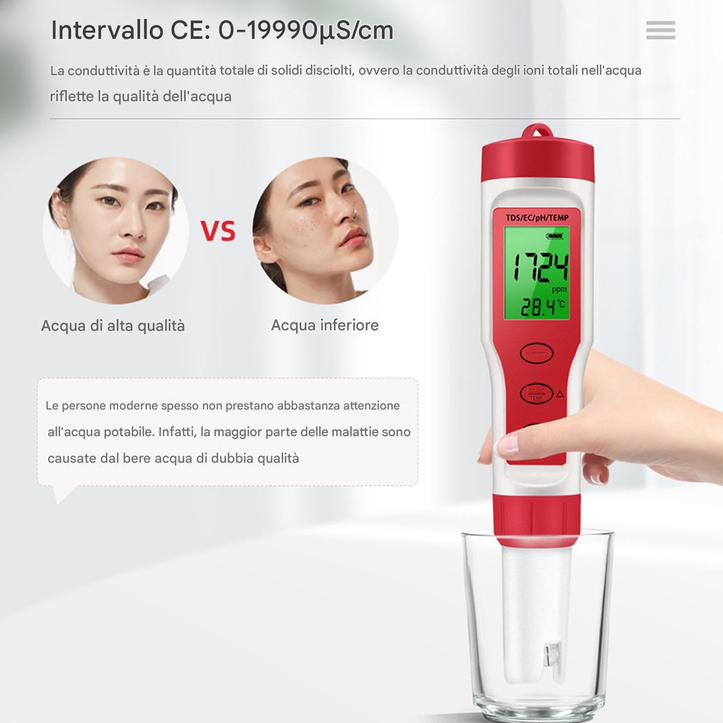 Medidor de pH para agua | Comprobador sensor EC | Instrumento digital 4 en 1 con calibración temp y calibración automática para resultados precisos rápidos | Monitorización del pH 'agua para
