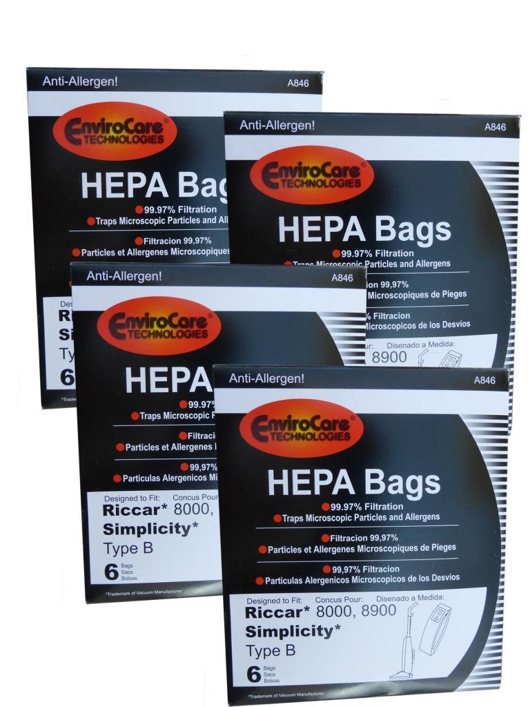 EnviroCare24 Bags (4 pkgs) Type B HEPA Allergy Bags for Riccar 8000 8900, Simplicty 7 & 7000 Series and Belvedere Upright Vacuum Cleaners