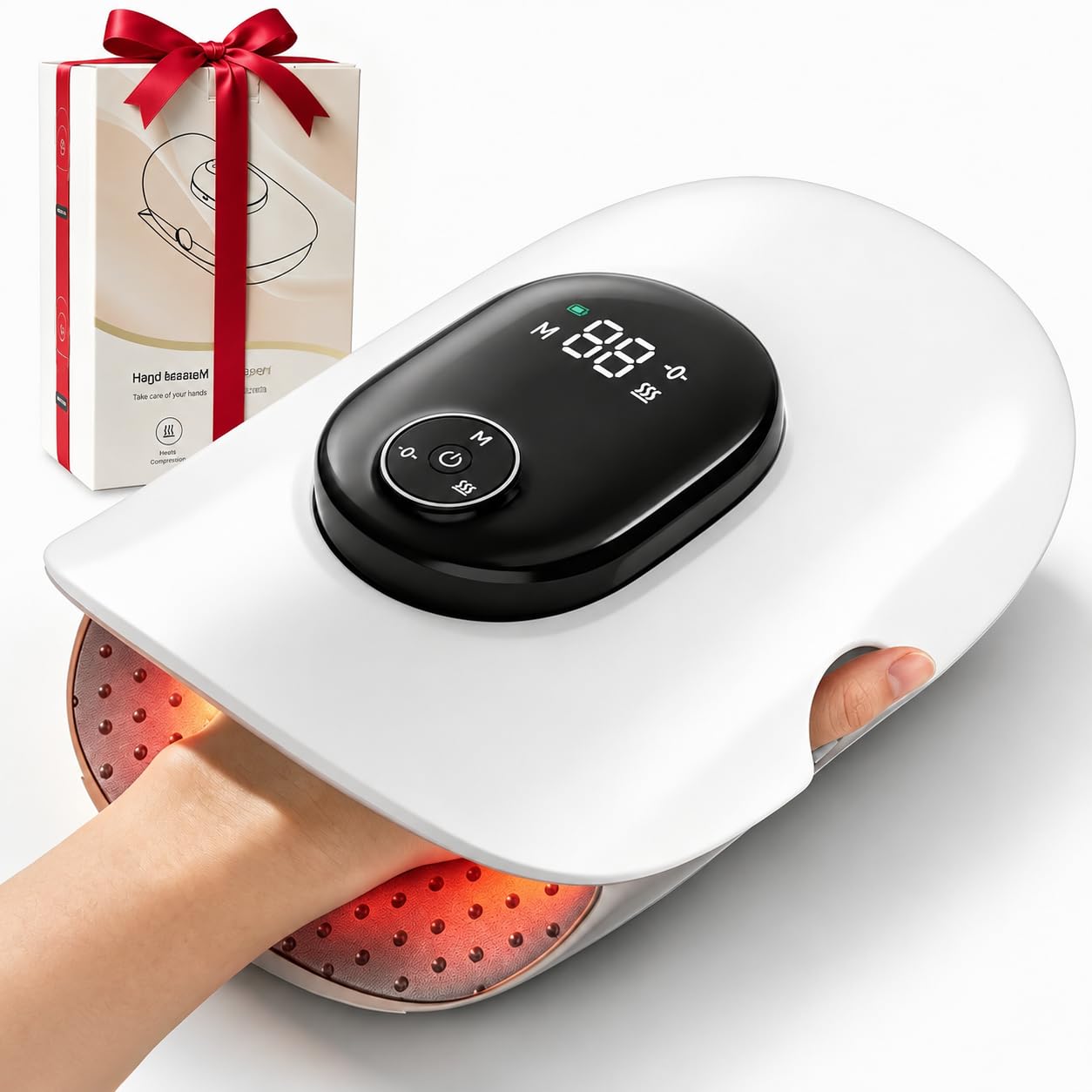 Handmassagegerät mit Wärme und Kompression, Fingerdehnung und Knöcheldehnung, 4 Massage- und 5 Kompressions- und 3 Temperaturmodi, Geschenke für Frauen und Männer (Weiß)