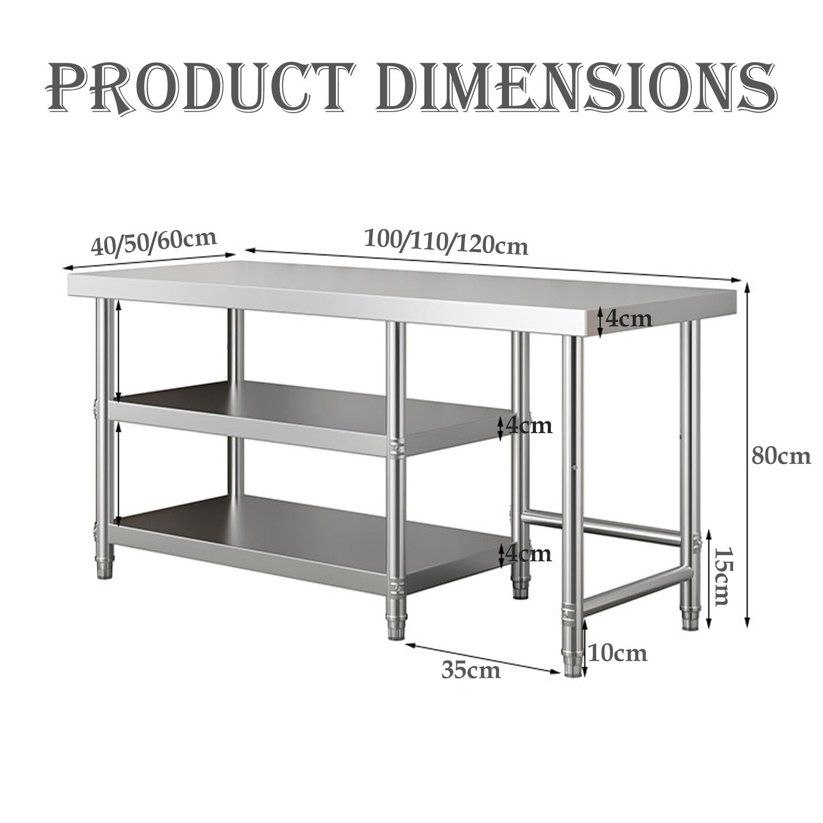 Mesa De Trabajo Inoxidable Profesional, 3 Niveles, Mesas De Cocina Comercial con Estante Portaobjetos, Altura Ajustable, Mesada Cocina INOX para De Restaurante, Bar, Hotel(120x60x80cm)