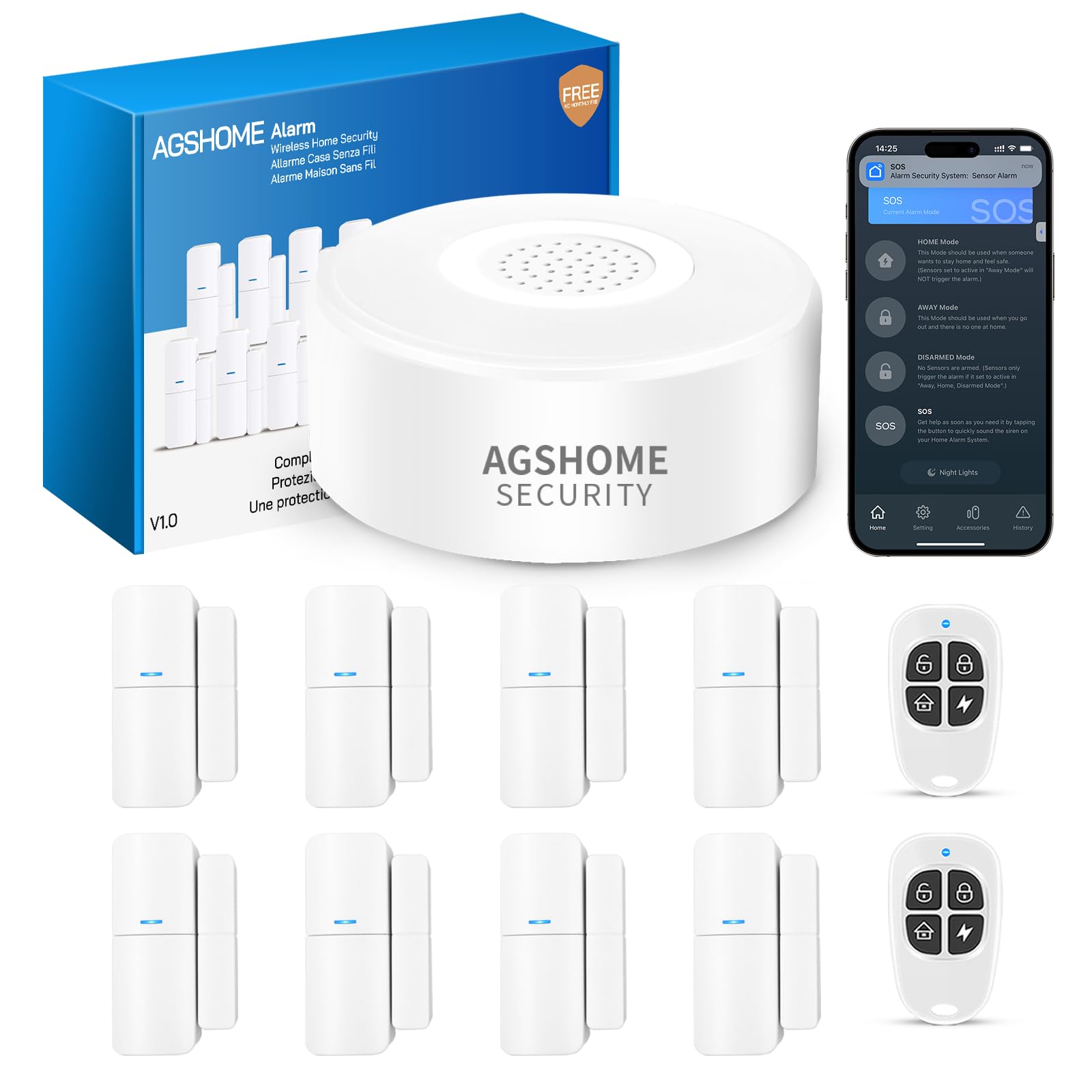 AGSHOME Alarme Maison sans Fil Intelligent WiFi - Alarme de Porte, 1 Alarme avec Sirène, 5 Capteurs de Fenêtre et de Porte, 2 Télécommande, Compatible avec Alexa, Google Assistant - Bricolage