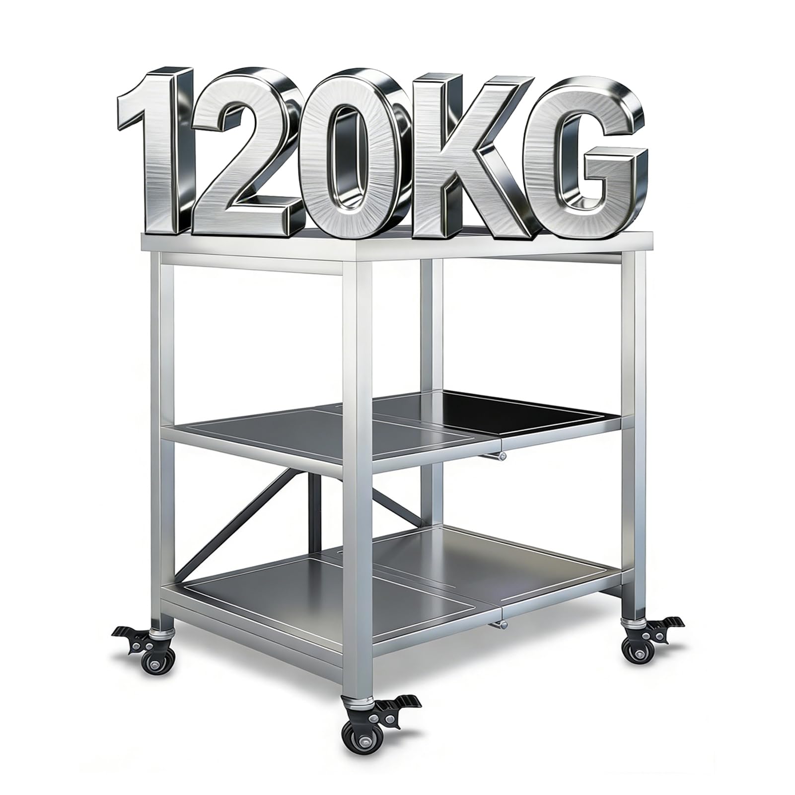 Carrello da Cucina, Mobiletto Carrelli da Portata 3 Ripiani Scaffale Microonde Metallo, 60x45x80cm Ripiegabile Scaffalatura Portaoggetti Servizio su Ruote per Ristorante Ufficio, Argento