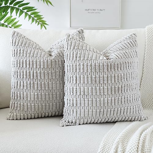 JOTOM Corduroy Soft Striped Decorative Throw Pillow Covers 24x24 Inch Square Cushion Covers 60x60 cm Boho Home Decor Pillowcases Cushion Case for Sofa Couch Living Room Bed Set of 2 (Cream White)