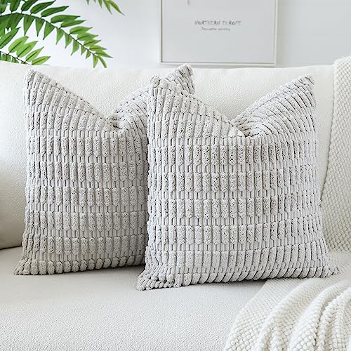 OTOSTAR Soft Corduroy Decorative Throw Pillow Covers Boho Striped Cushion Case Home Decor Pillow Covers for Couch Sofa Bed Living Room Decorative Pillowcases 22 x 22 Inch Pack of 2 (Light Gray)