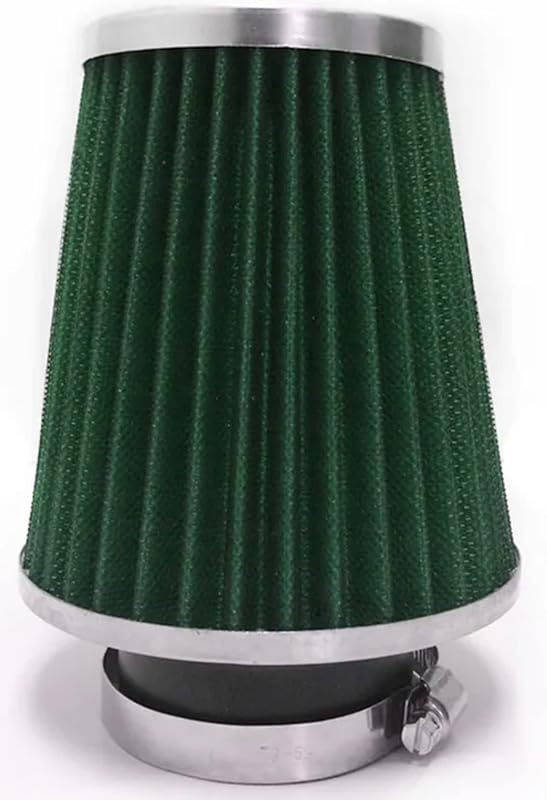 Filtro de ar cônico universal Qi Motorsports com entrada de 70 mm, topo cromado e elemento verde – 1 unidade