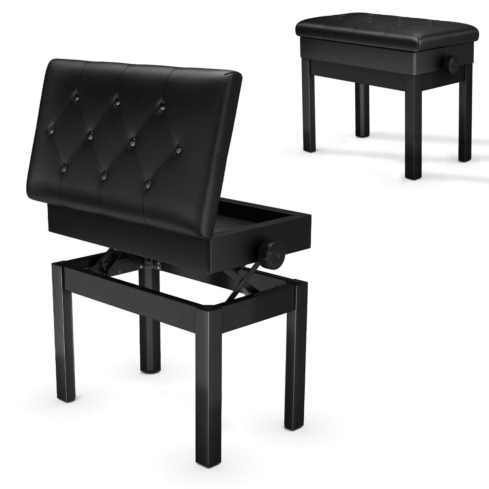 MAMIZO In hoogte verstelbare pianokruk voor 2 personen, 73 x 35 x 48-58 cm, 4 poten van massief hout, toetsenbordkruk, pianobank met opbergruimte, pianokruk max. 200 kg, zwart