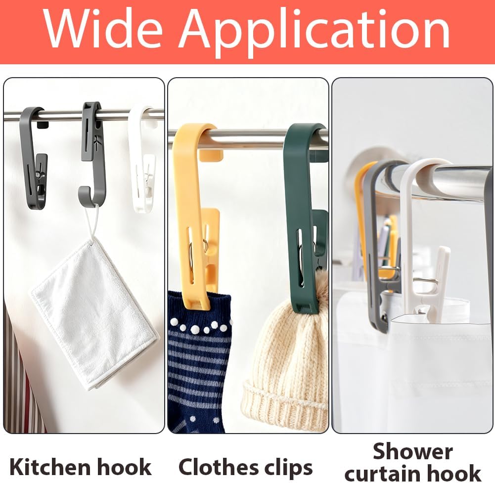 CREATCABIN 4 Pcs White Laundry Hooks with Clips Plastic Clothes Pins Clips Hook Multipurpose Portable Clothes Hanger Organizer Clamps Socks Towels for Travel Bathroom Kitchen Office 5.28×1.65 Inch