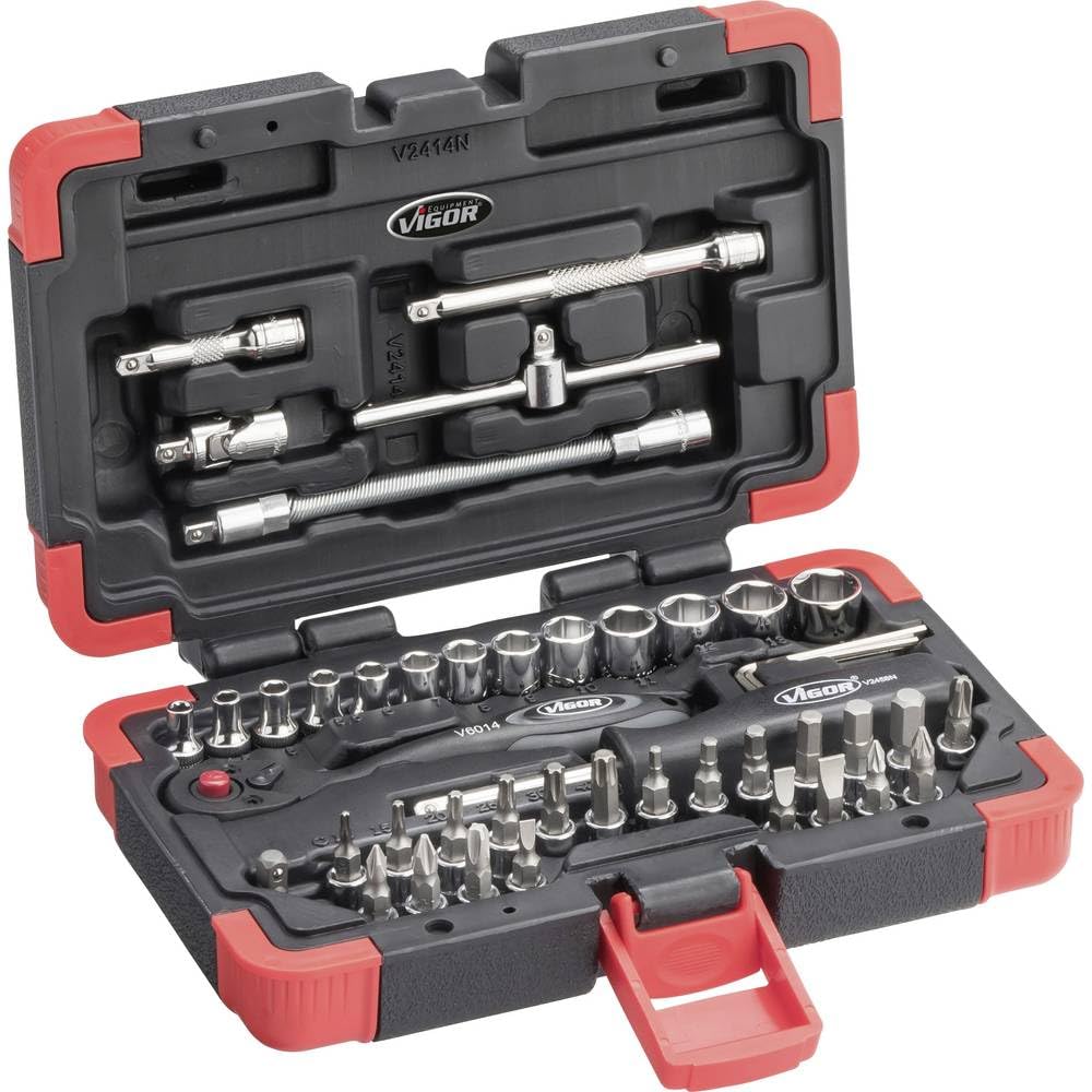 Vigor V2414N - Juego de llaves tubulares (1/4", con numerosas puntas y llaves de vaso, flexible gracias a las extensiones y adaptadores, 46 piezas)
