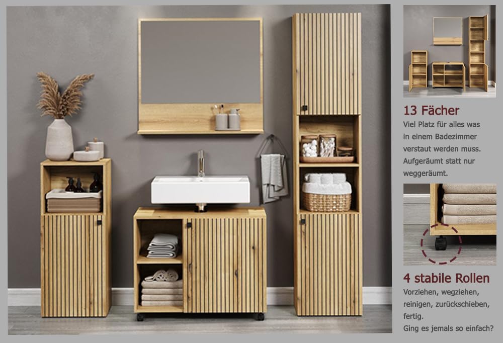trendteam Smart Living - Mueble bajo Lavabo con Ruedas - Baño - PureBliss - Dimensiones de Montaje (Ancho x Alto x Profundidad) 80 x 64 x 42 cm - Color Roble Evoke con Ranuras Negras - 233730142