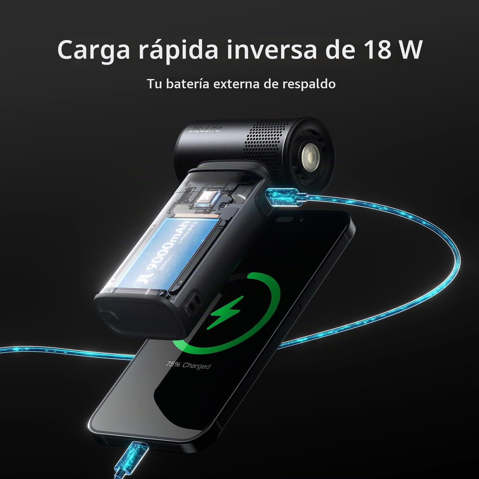 JISULIFE Ventilador portátil de mano 5 en 1, 100 velocidades, batería recargable de 9000mAh con máximo de 25 horas, mini ventilador de 18W, banco de energía con función de linterna, motor ultra
