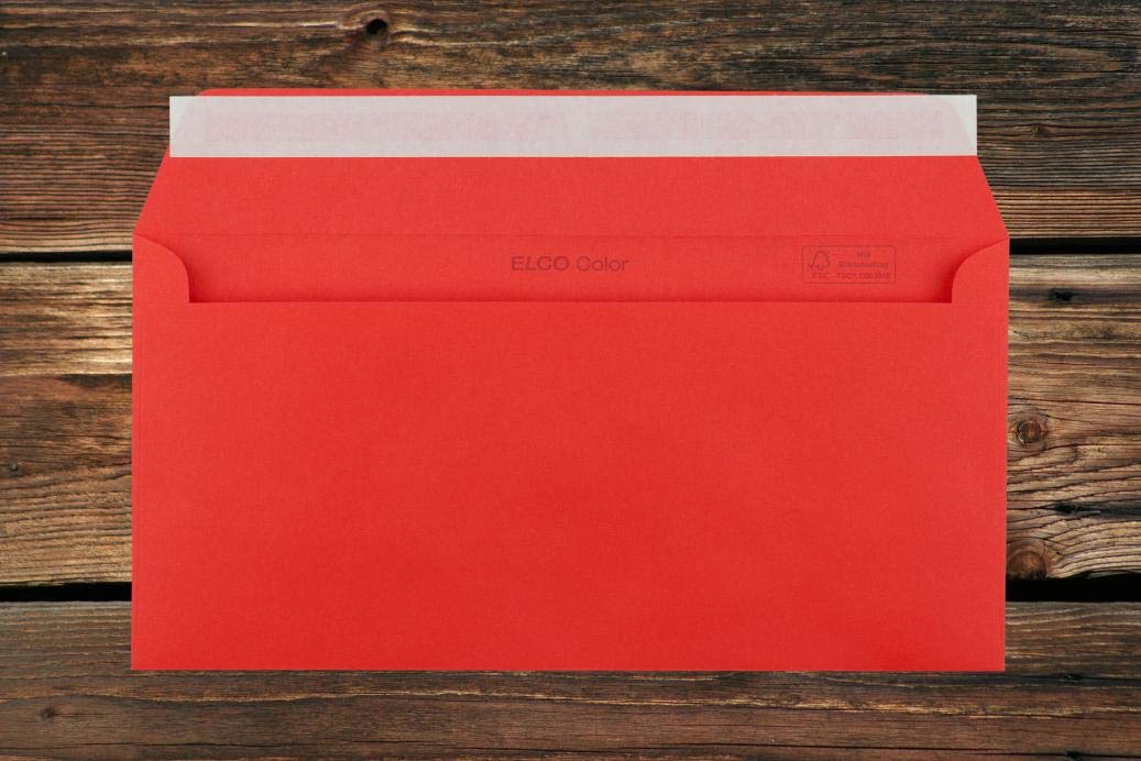 Rote Elco Color Briefumschläge mit Fenster (lasertauglich) / 114 x 229 mm (DL) / mit Abziehstreifen/haftklebend / 250 Stück