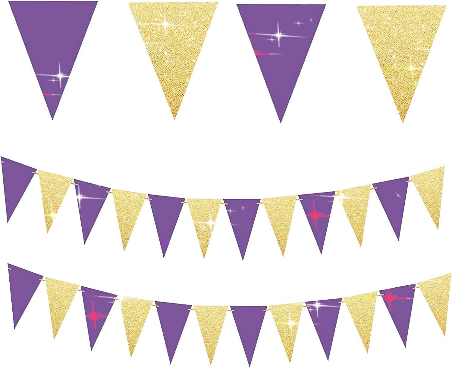 Graduation Party Decorations Purple Gold 2023 NYU/Purple Gold Graduation Decorations LSU Purple Birthday Party Decorations for Women/2pcs Triangle Bunting Banners for Birthday Wedding