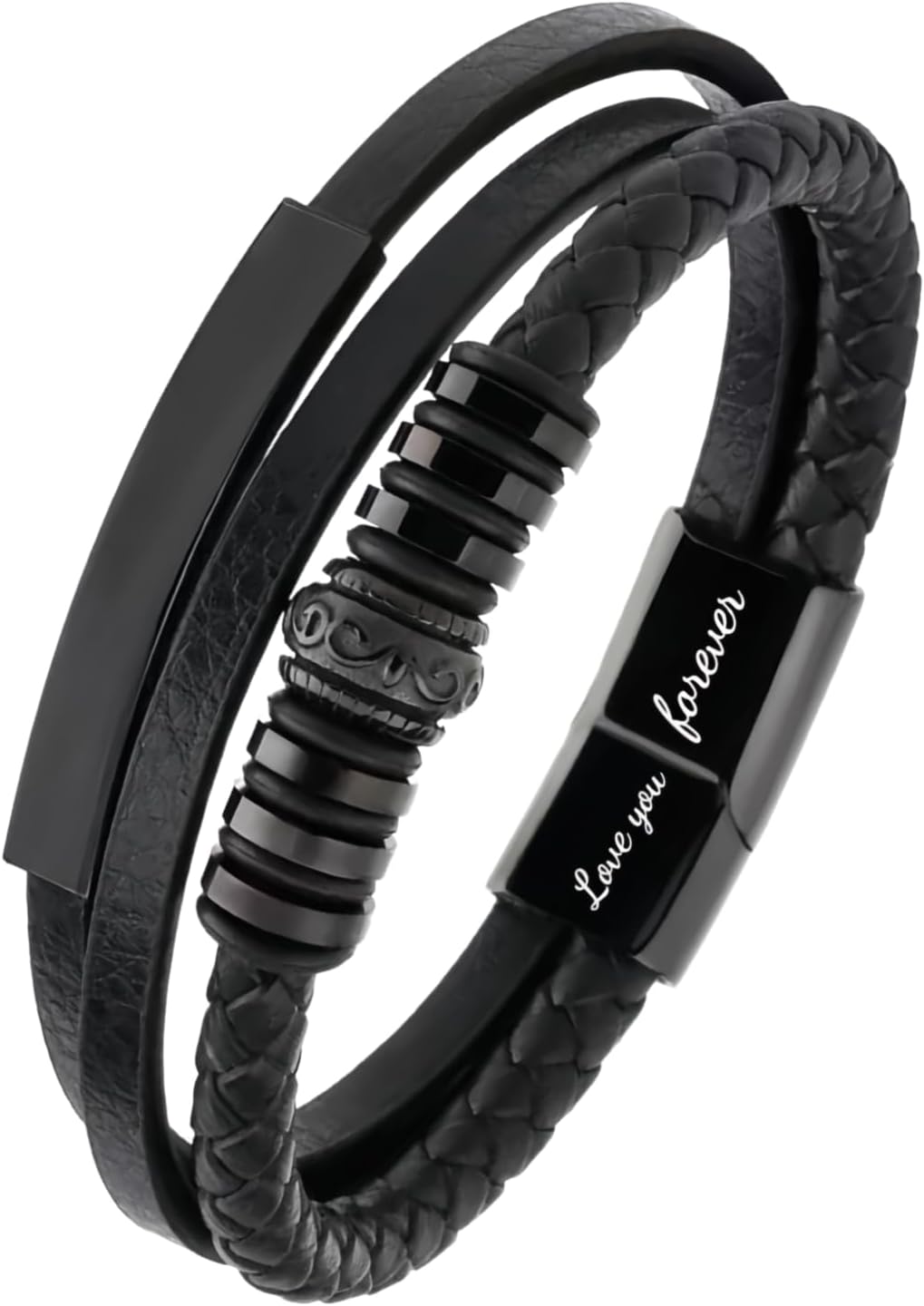 Mens Black Leather Bracelet- Stainless Steel Engraved Love You Forever Jewelry, Christmas Gifts for Men