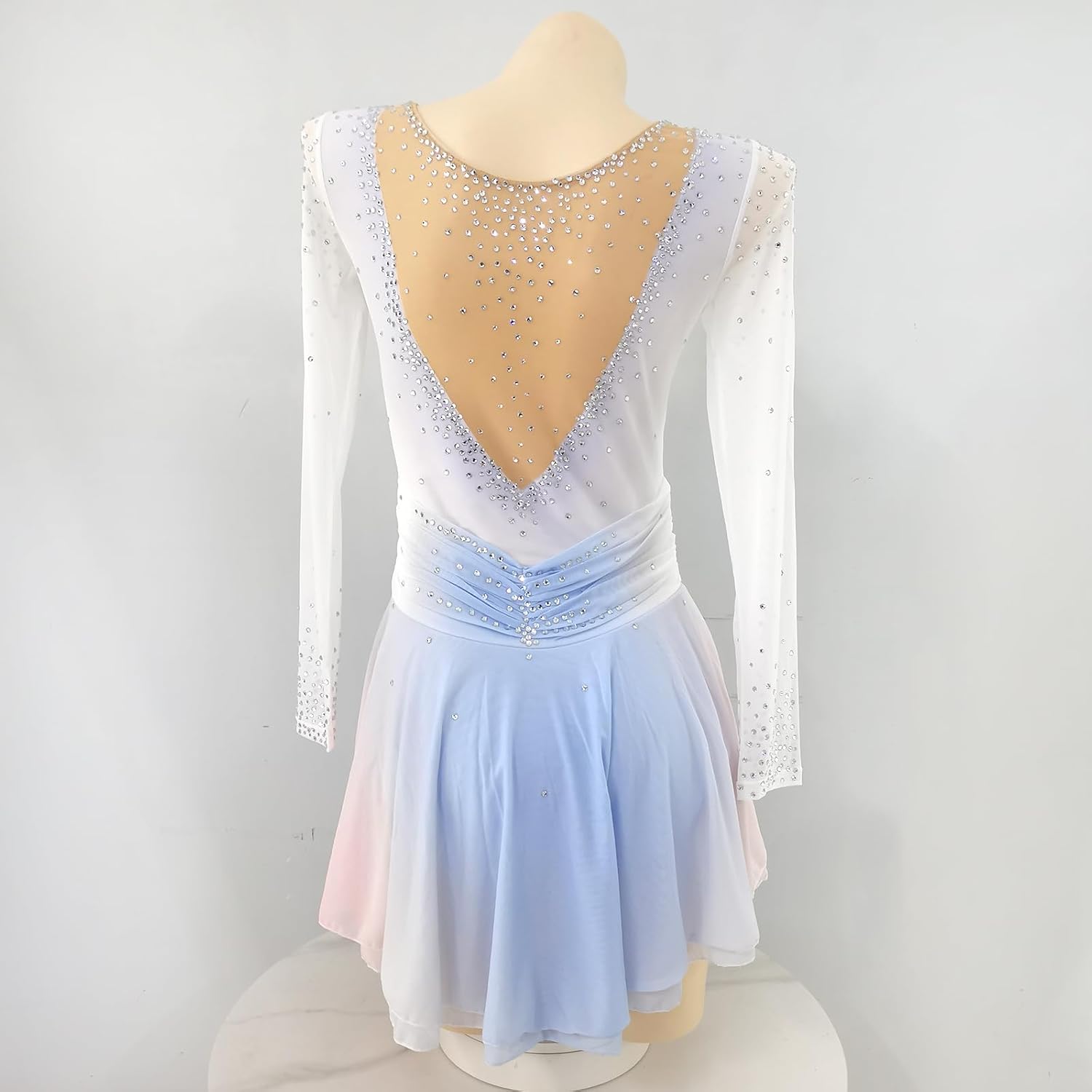 Girls' White Gradient Figure Skating Performance Dress with Diamond Professional Customized Competition Dress