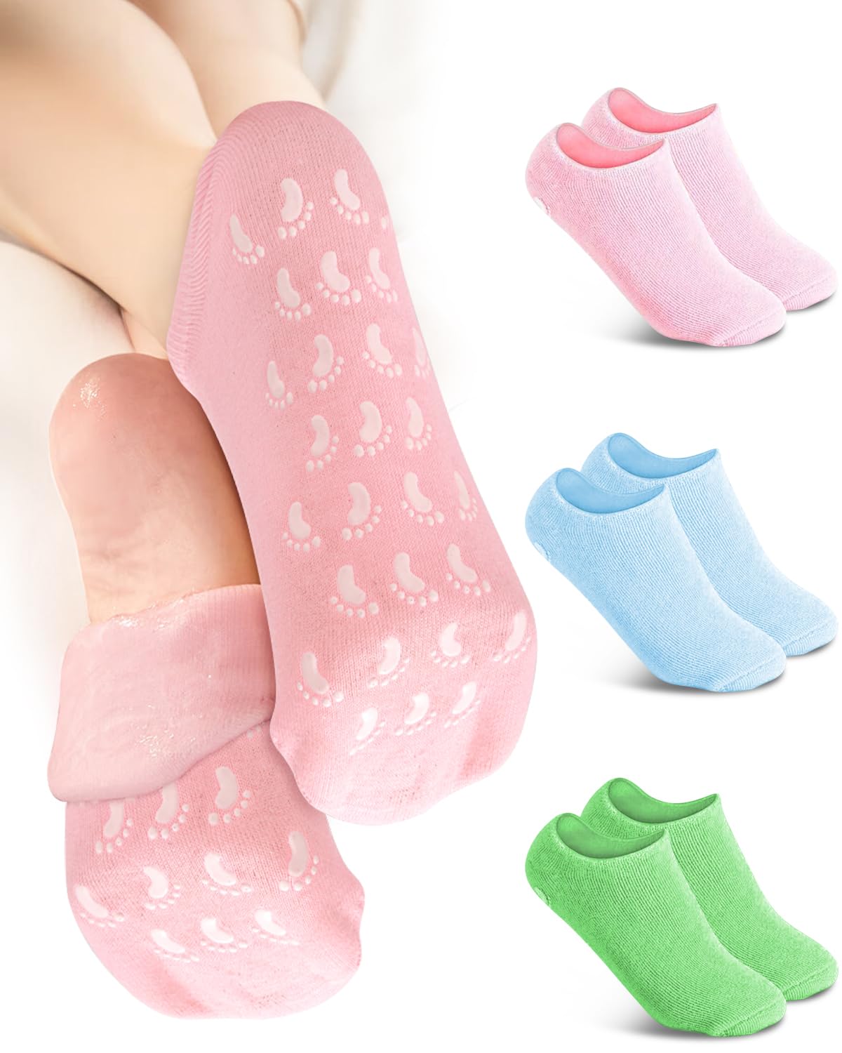 3Pairs Moisturizing Socks, Non Slip Gel Socks Moisturizing Spa Socks for Women, Soft Gel Sleeping Fuzzy Socks for Repairing and Softening Dry Cracked Feet Skins(Pink, Blue, Green)