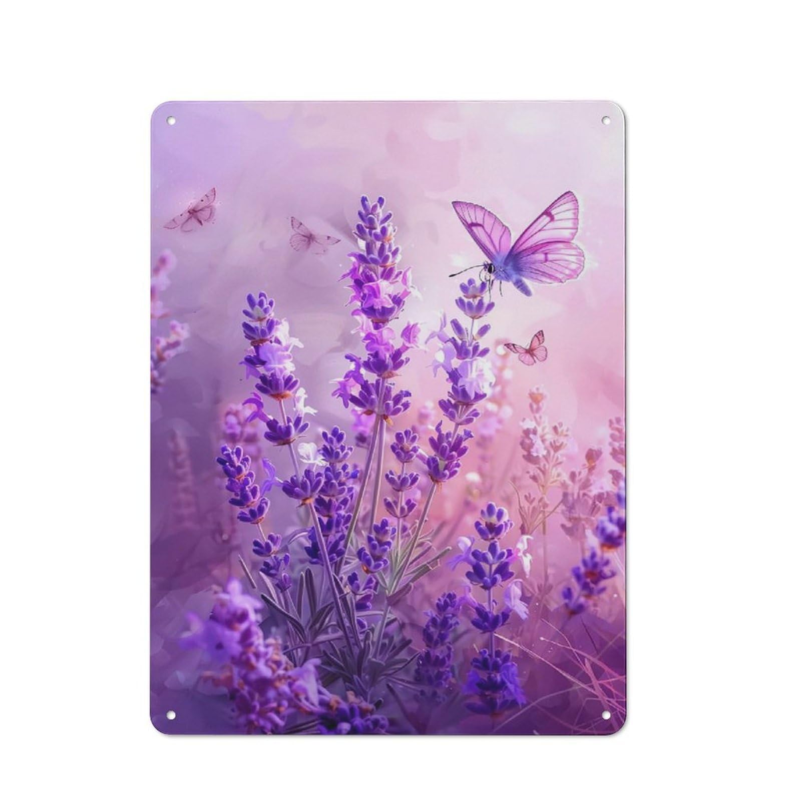 Rustic Metal Tin Sign, Purple Lavender Butterfly Wall Art, Country Floral Printed Picture, Fresh Rustic Decor for Farmhouse Kitchen Bathroom, 12x8 Inch