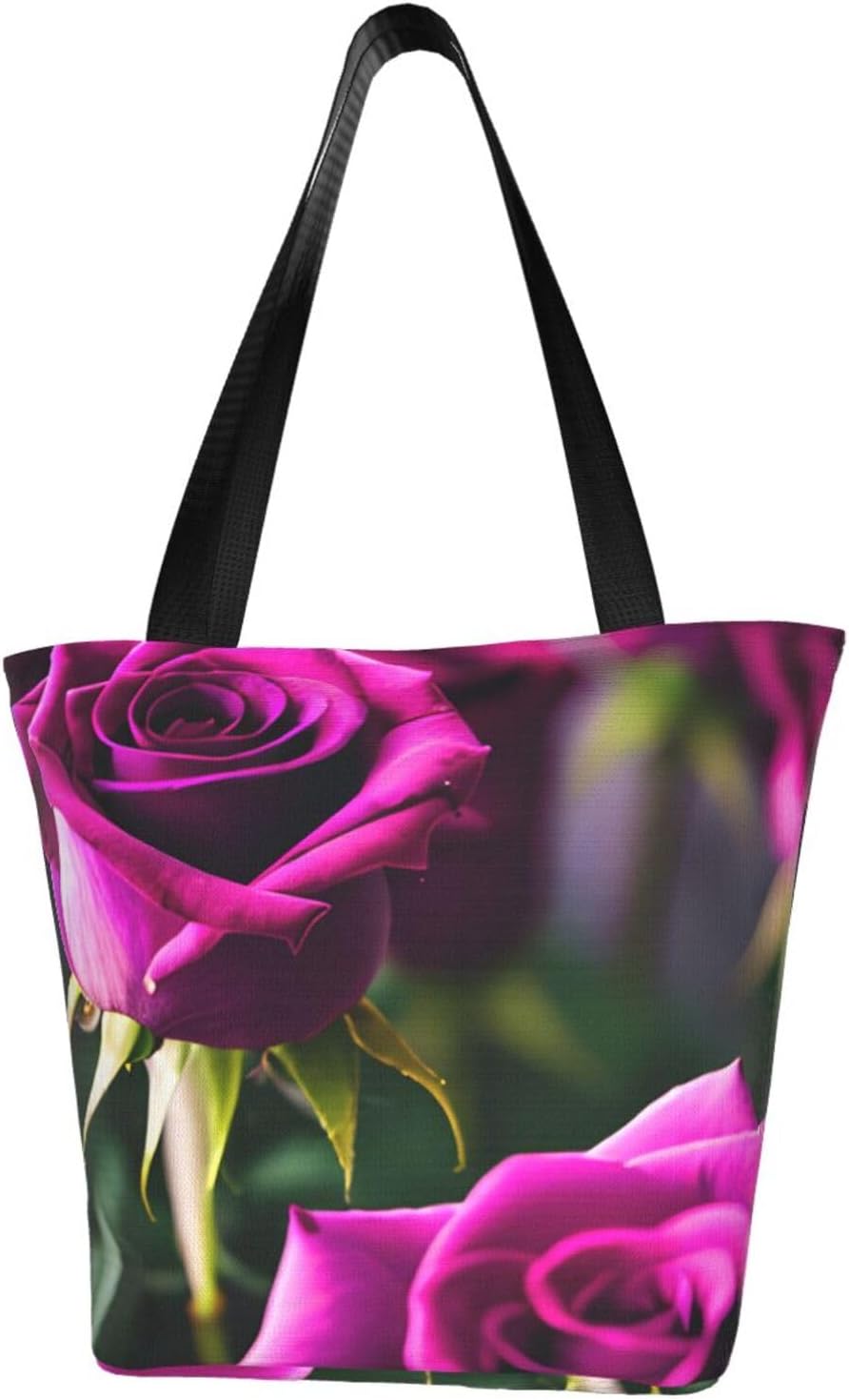 Purple Roses Print Comfortable Summer Shoulder Bag Canvas Tote Travel Beach Hiking Shopping Weekend