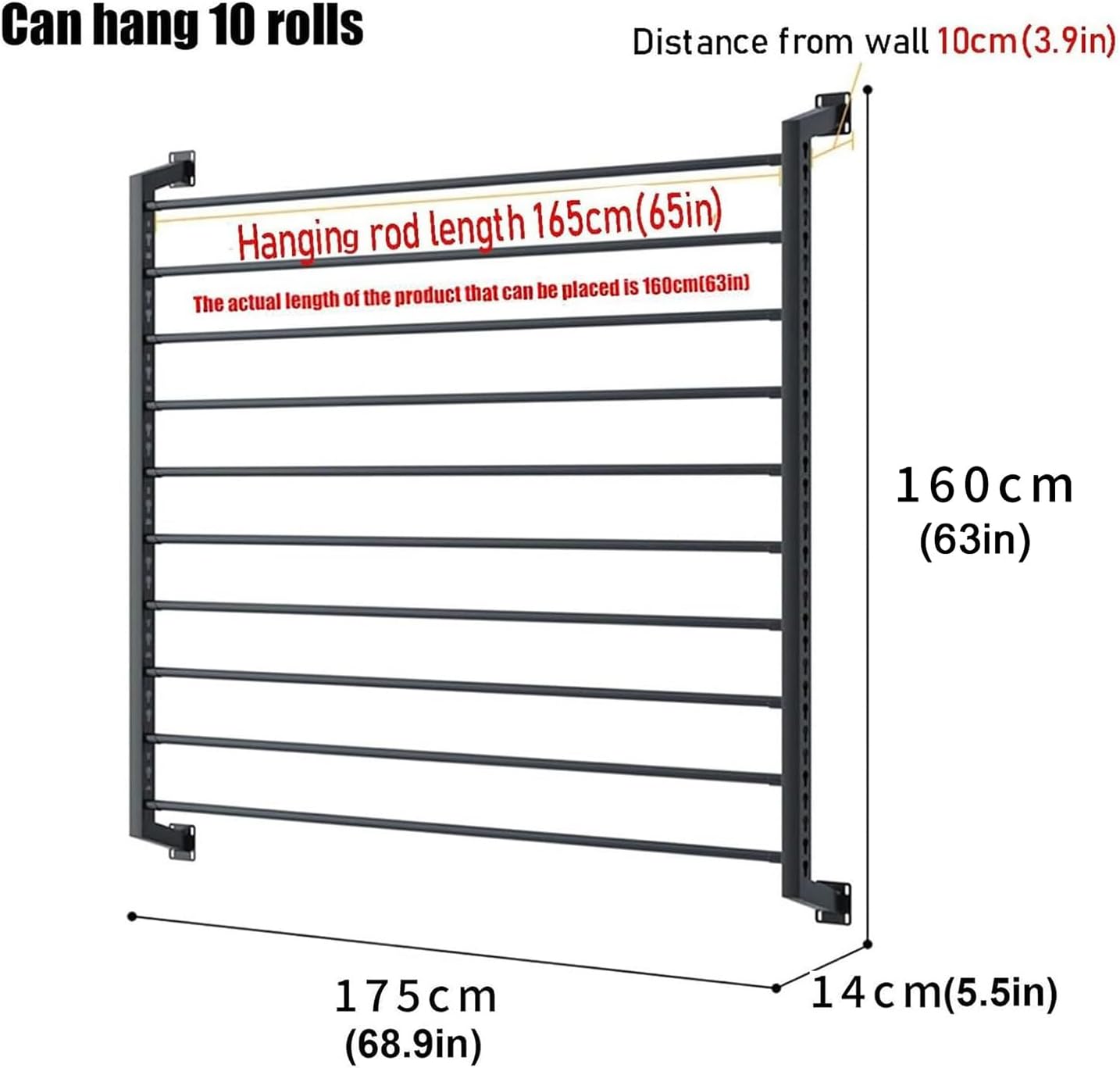 160/210cm Tall Metal Car Vinyl Holder, Multi-Use Wall Mount Storage Rack With Adjustable Hanging Rod, Car Window Film Display Rack, Wallpaper, Wrap Roll, Fabric Spoo,160cm/63in - can hang 10 rolls