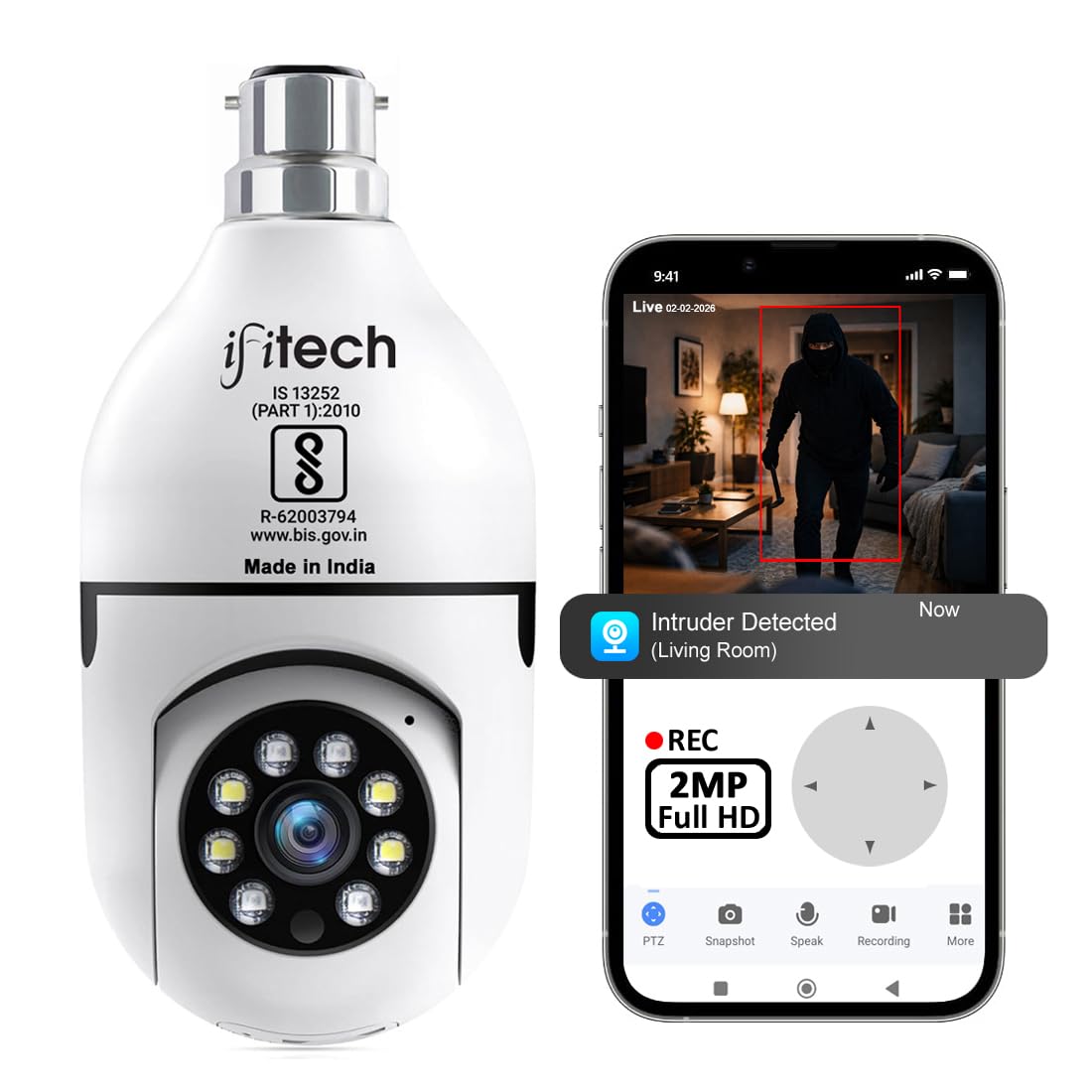 IFITech 1080p HD Smart Wi-Fi CCTV Home Security Camera | Indoor 360° Smart CCTV Camera | Bulb Camera | 256GB SD Card Support (Not Included) | Perfect for Home, Office Monitoring [2024 Model]-image-6
