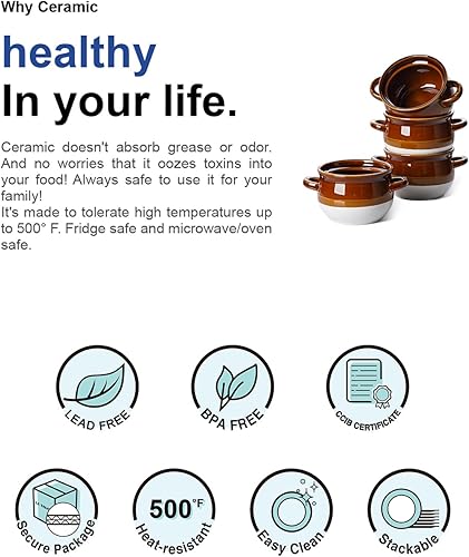 Miniatura 7 de LE TAUCI Tazones de sopa de cebolla francesa con asas, 16 onzas, de cerámica, de cebolla, platos aptos para horno, para sopa, chile, estofado de