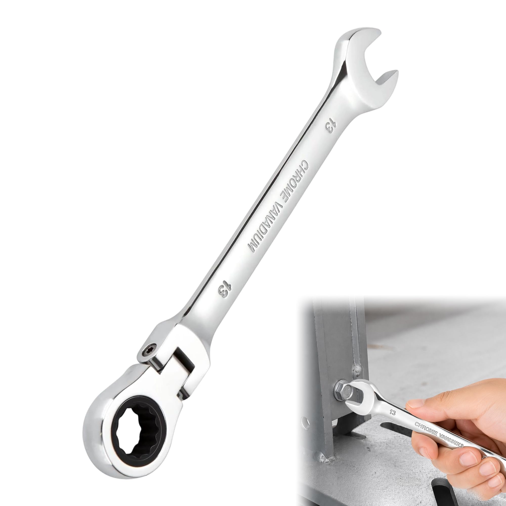Mechioo 13mm Double-End Ratchet Spanner, 180° Flexible Head, Heavy-Duty CR-V Steel, Durable Anti-Slip Rust-Proof Wrench for Auto & DIY Use