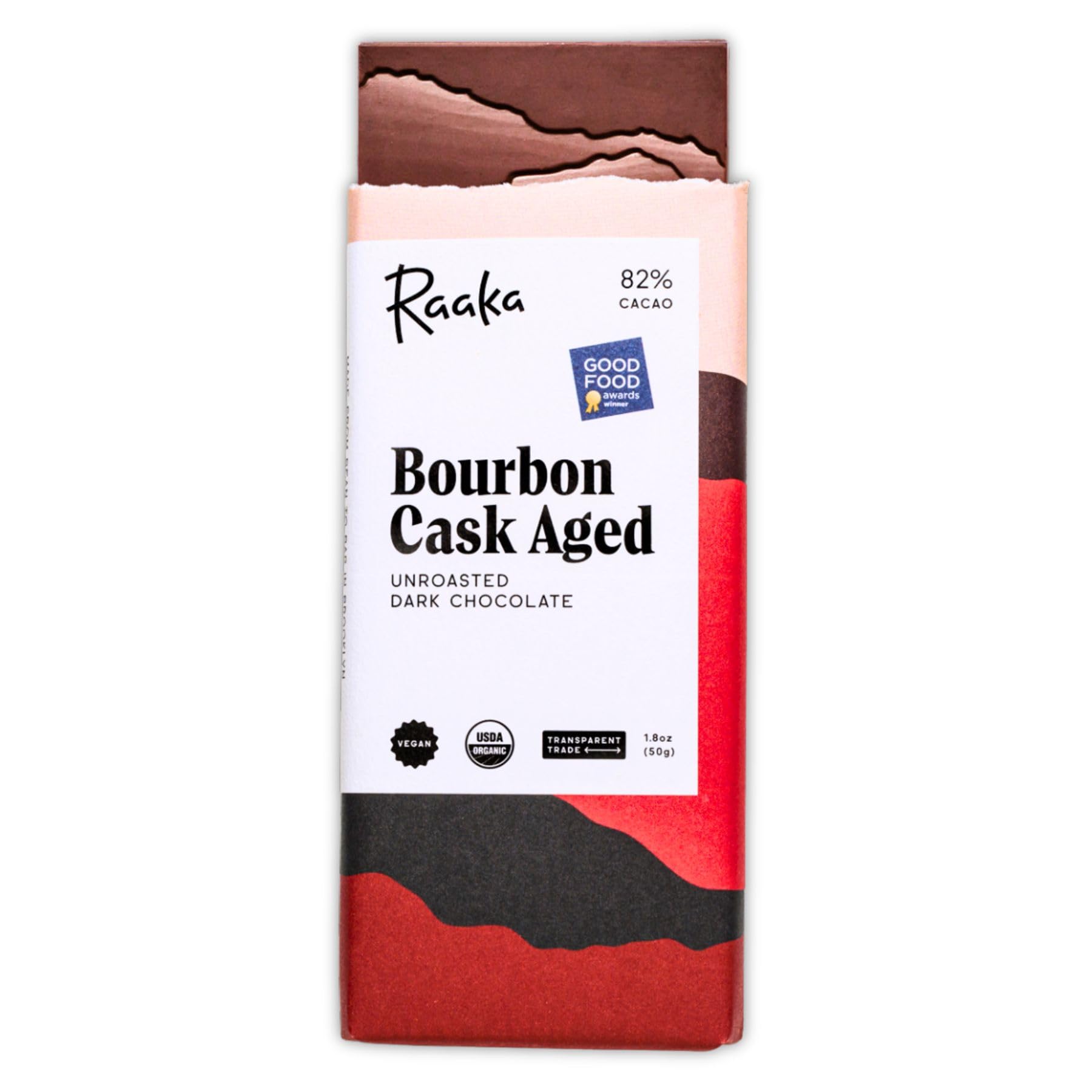 Raaka Chocolate Bourbon Cask Aged 82% Dark Chocolate Bar | Organic, Vegan, Gluten Free, Kosher | 1.8oz