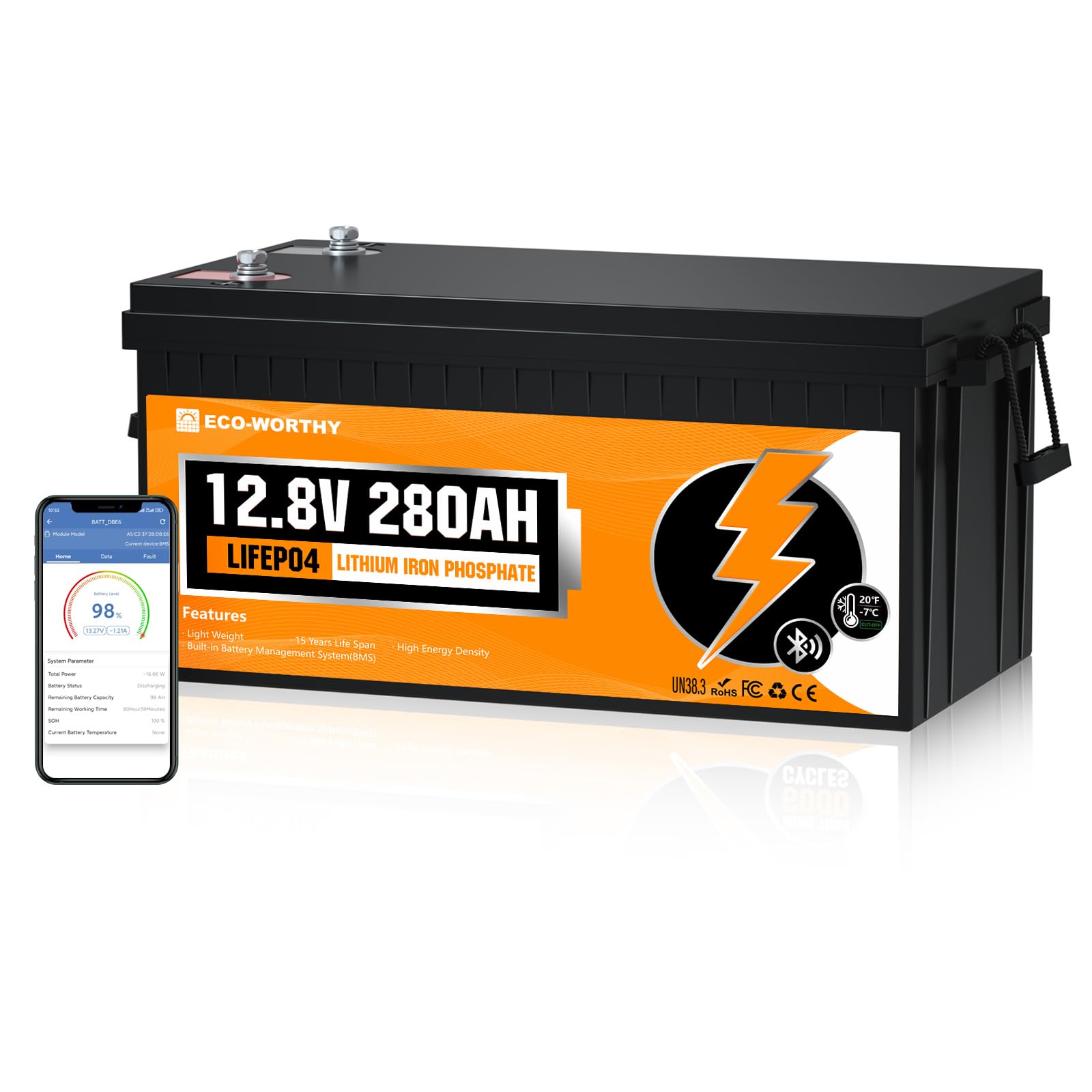 ECO-WORTHY 12V 280AH LiFePO4 Lithium Battery with Bluetooth, Low Temp Protection, Bulit-in 250A BMS, 3584Wh Energy. Perfect for Off-Grid, RV, Solar Power System, Trolling Motor