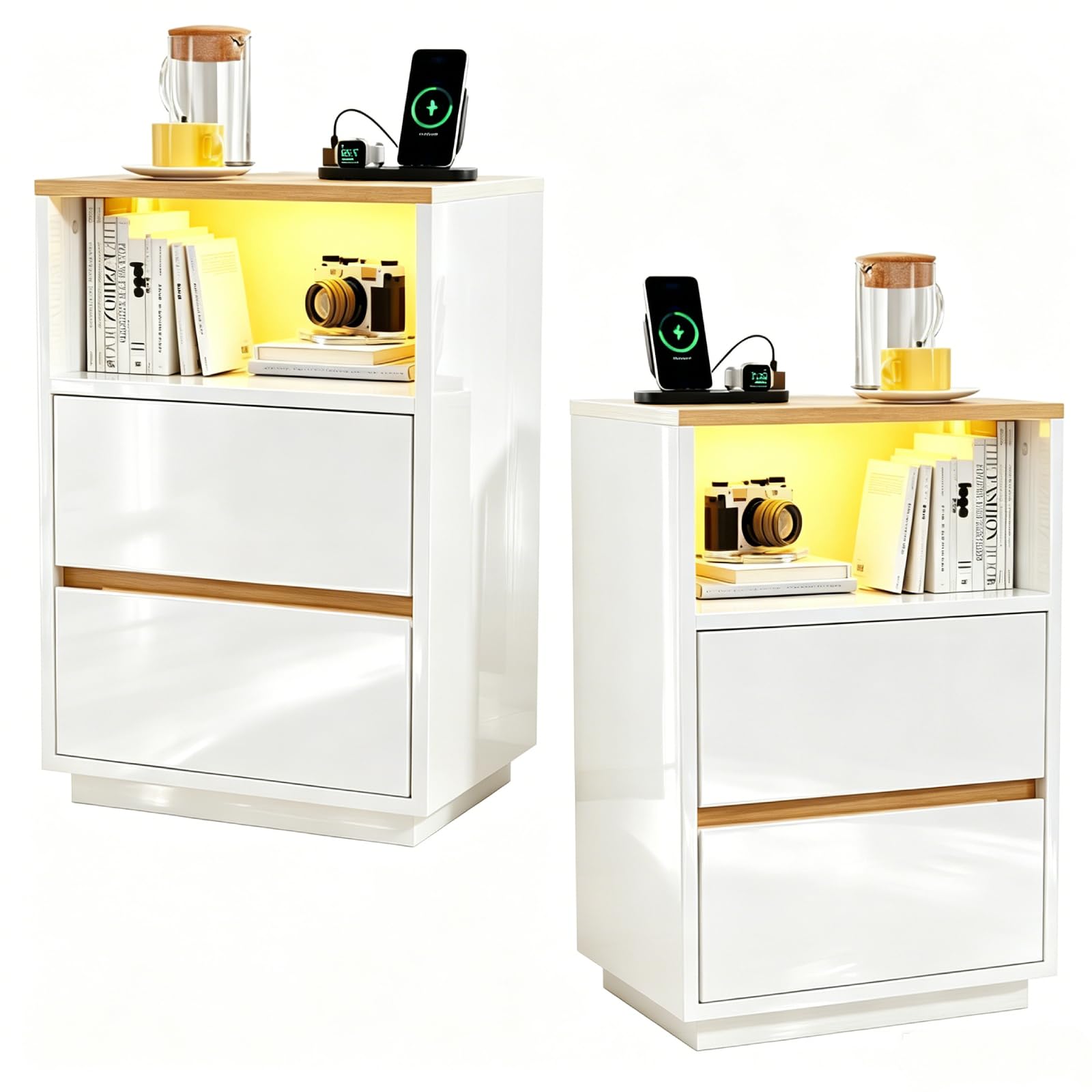 LEADZM Table de Chevet Lot de 2 avec lumières LED avec Station de Charge et Ports USB,Table d'appoint, Commode de Nuit, 40 x 30 x 60cm, Blanc Brillant Fiche européenne