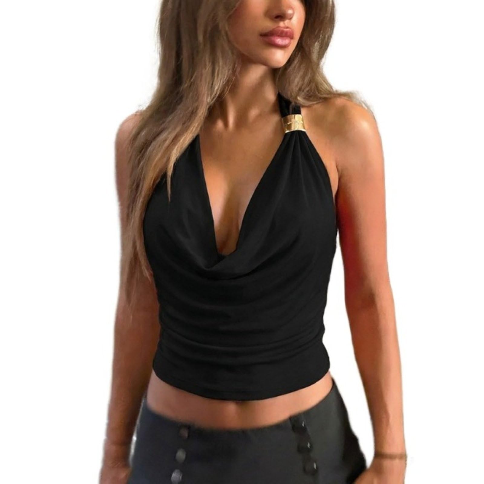 Hauts Cami Sexy D'été Pour Femmes Couleur Unie Devant Drapé Col En V Profond Pour Soirée Et Club