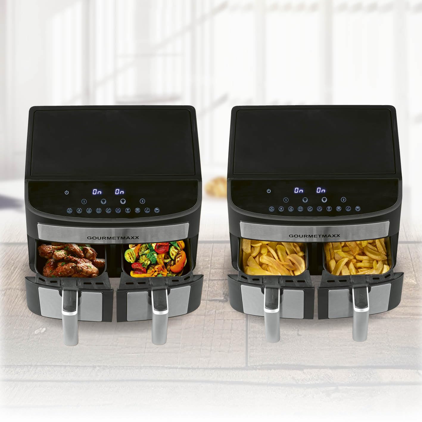 GOURMETmaxx Frytkownica na gorące powietrze, podwójna komora, 2 x 3,5 l, stal nierdzewna, Airfryer z funkcją timera, wyświetlaczem dotykowym i strefami gotowania synchronicznymi | energooszczędne