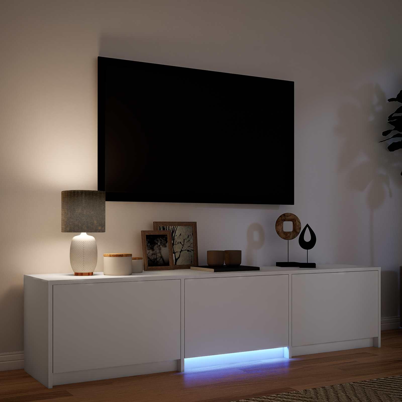 Szafka pod telewizor z oświetleniem LED, 165 x 34 x 40 cm, biała, z materiału drewnopochodnego, nowoczesna niska szafka do salonu, konsola medialna, zarządzanie kablami, schowek, meble TV