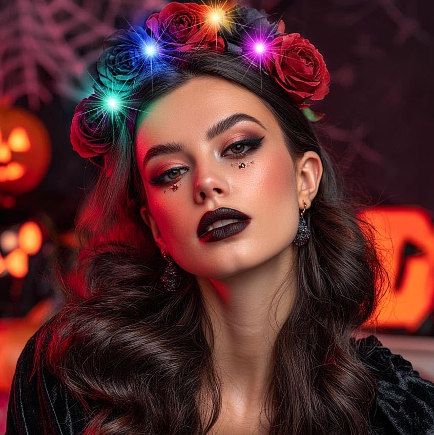 Fashband Light Up Halloween Flower Headband LED Black Hair Bands Gothic Hair Hoops Day of the Dead Party Headpiece for Women - Image 4