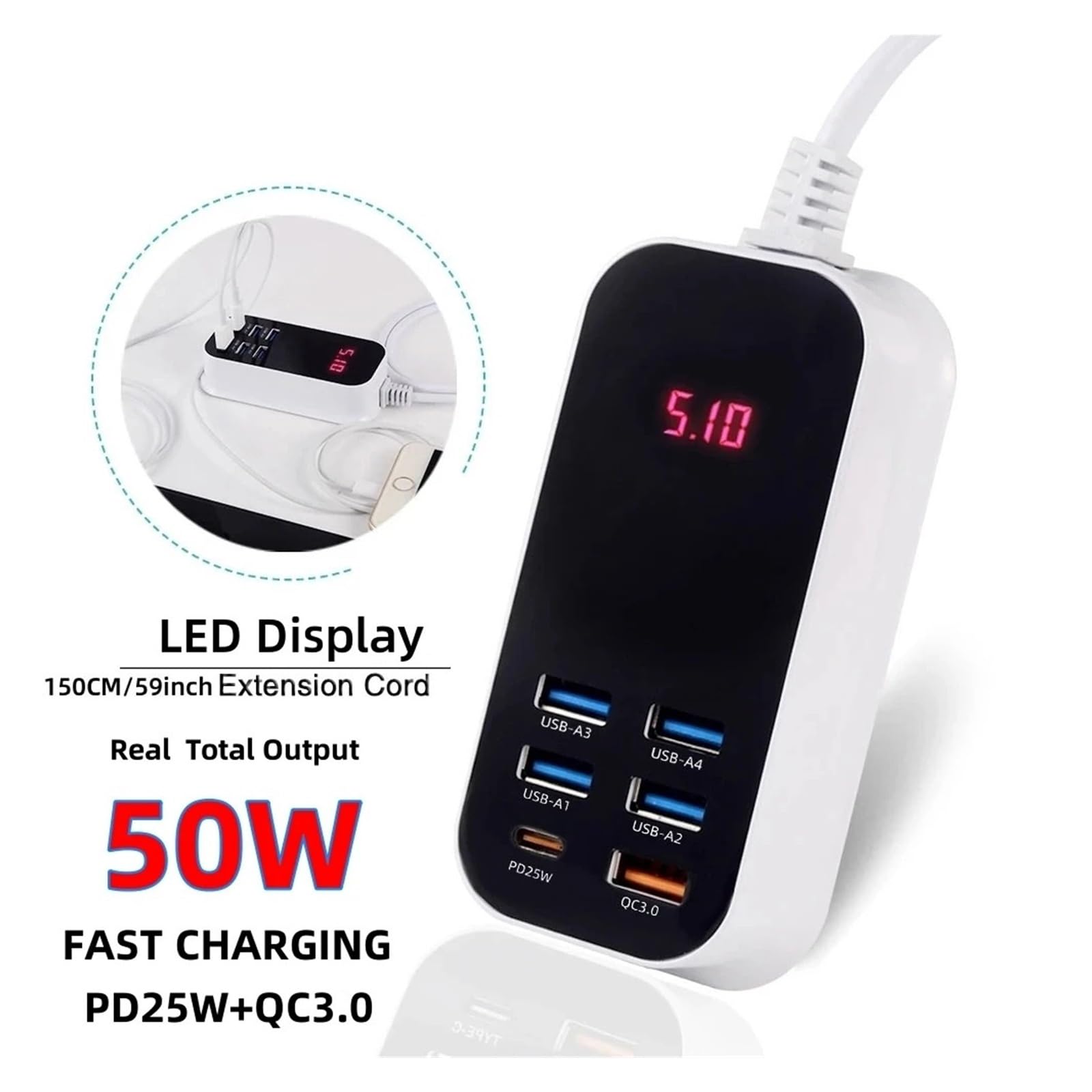 2 Szt. 50 W, 6 Portów, Szybka Ładowarka USB PD QC 3.0, Szybkie Ładowanie, Wyświetlacz Typu C, 1,5 M, Zasilacz Biurkowy Technologia Szybkiego Bezpiecznego ładowania