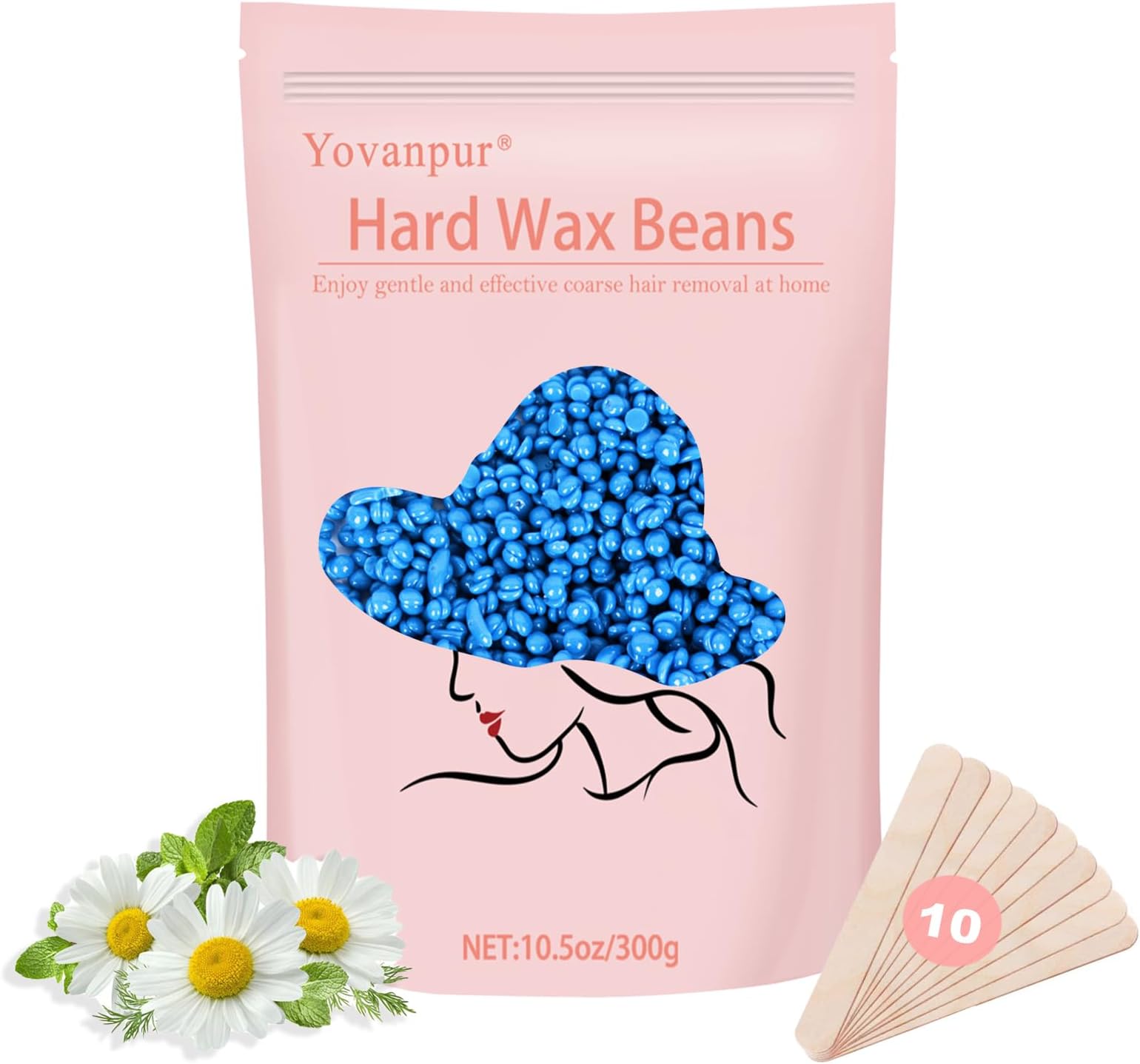 Hard Wax Beans for Painless Hair Removal, Brazilian Waxing for Face, Eyebrow, Back, Chest, Bikini Areas, Legs At Home 300g (10 Ounce (Pack of 1))/bag with 20pcs Wax Spatulas（Chamomile)