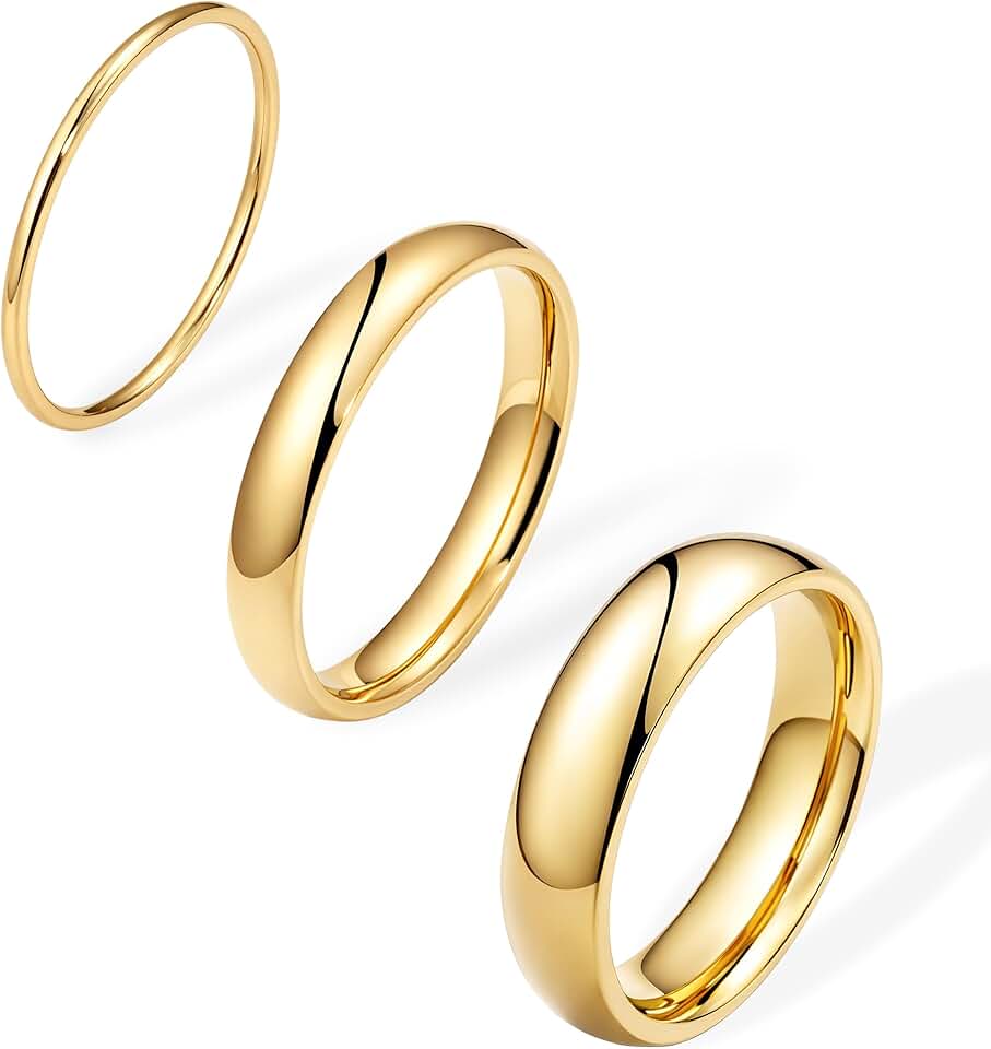 Poxtex Gold Band Rings for Women Men Non Tarnish, Wedding 14K Gold Plated Stackable Ring Set for Couples, Dainty Thin Plain Simple Promise Dome Band Thumb Pinky 1mm 3mm 5mm Jewelry Gift Comfort Fit Size 3-13