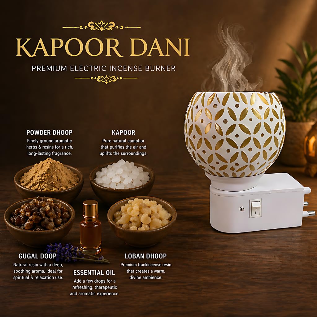 Electric Kapoor Dani with Auto Cut-Off | Smokeless Camphor Burner with Night Lamp | Glass Aroma Diffuser for Home, Mandir & Pooja Room | Loban Dhoop Dani | Spiritual Fragrance & Meditation Decor