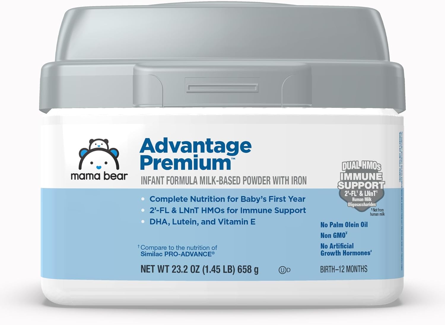 Amazon Brand - Mama Bear Advantage Premium Baby Formula Powder, 2'-FL HMO, LNnT HMOs for Immune Support, Non-GMO, 23.2 oz, 1.45 pound (Pack of 1)