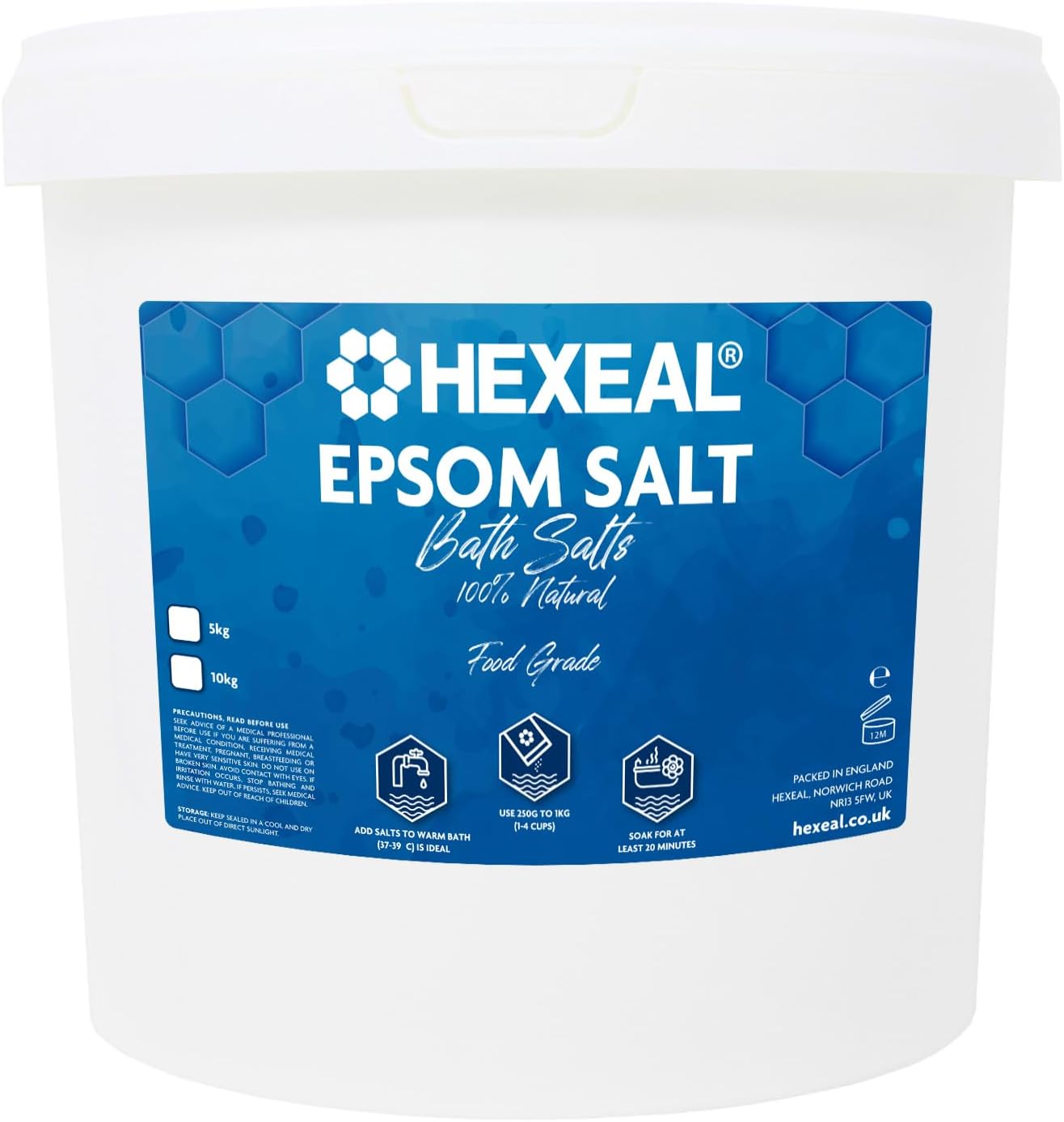 Hexeal Epsom Salt 100% Natural 5kg โ 5kg Bucket of Food Grade Magnesium Sulphate for Bathing, Gardening & Household Use โ Suitable for Personal Care, Soil Enrichment, and More