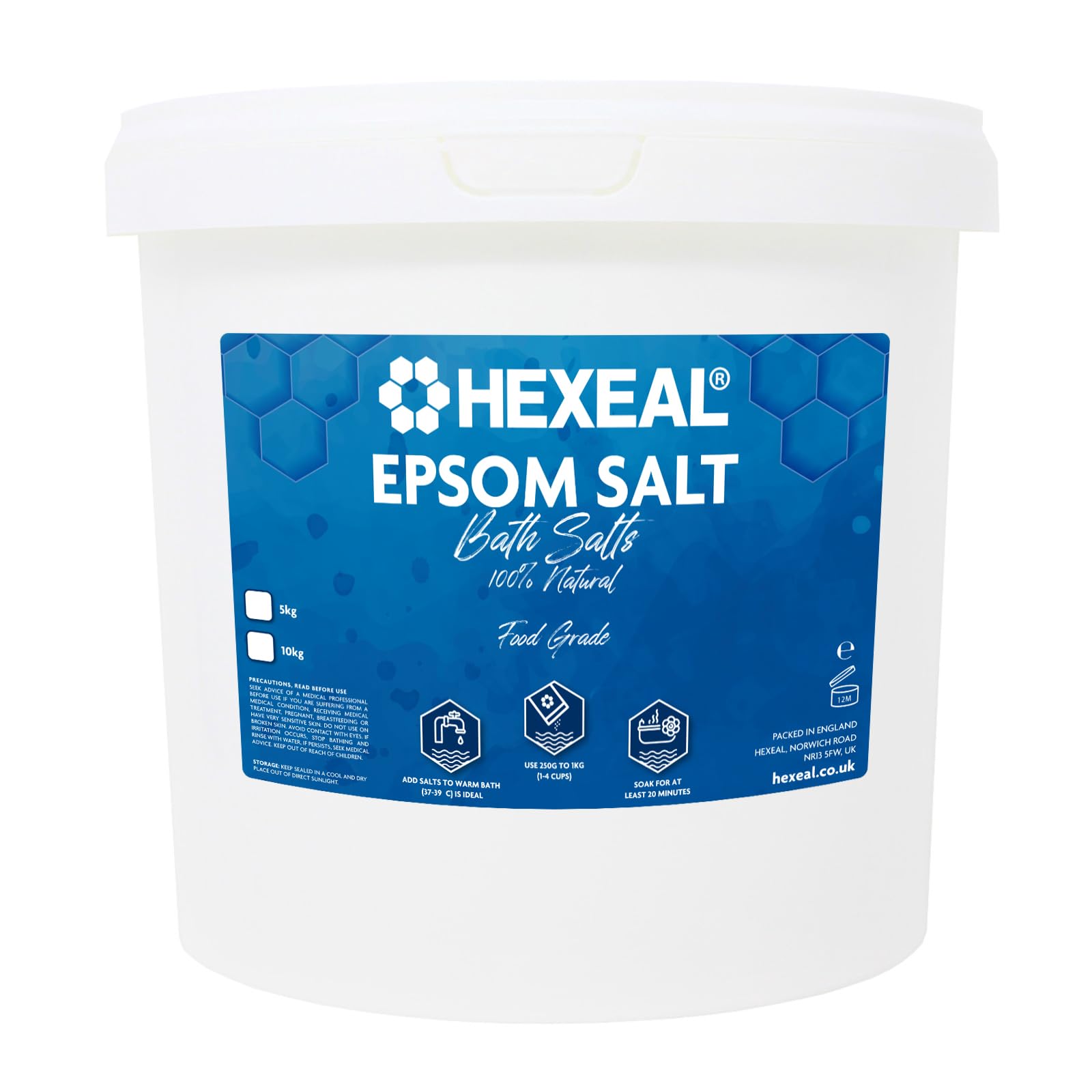 Hexeal Epsom Salt 100% Natural 5kg – 5kg Bucket of Food Grade Magnesium Sulphate for Bathing, Gardening & Household Use – Suitable for Personal Care, Soil Enrichment, and More