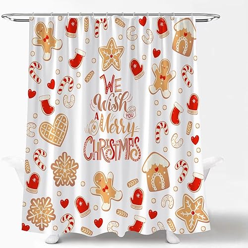 Miniatura 4 de Cortinas de ducha de Navidad, lindo hombre de jengibre, caramelo, galleta, copo de nieve, estrellas, corazón rojo, vacaciones de invierno, feliz año
