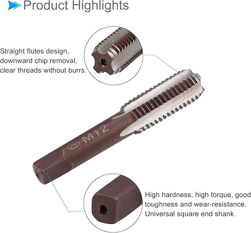 Miniatura 5 de Machos roscados manuales, rosca M12 x 1.75, herramienta de aleación métrica de acero roscado de tornillo de acero - (aplicaciones para reparación de