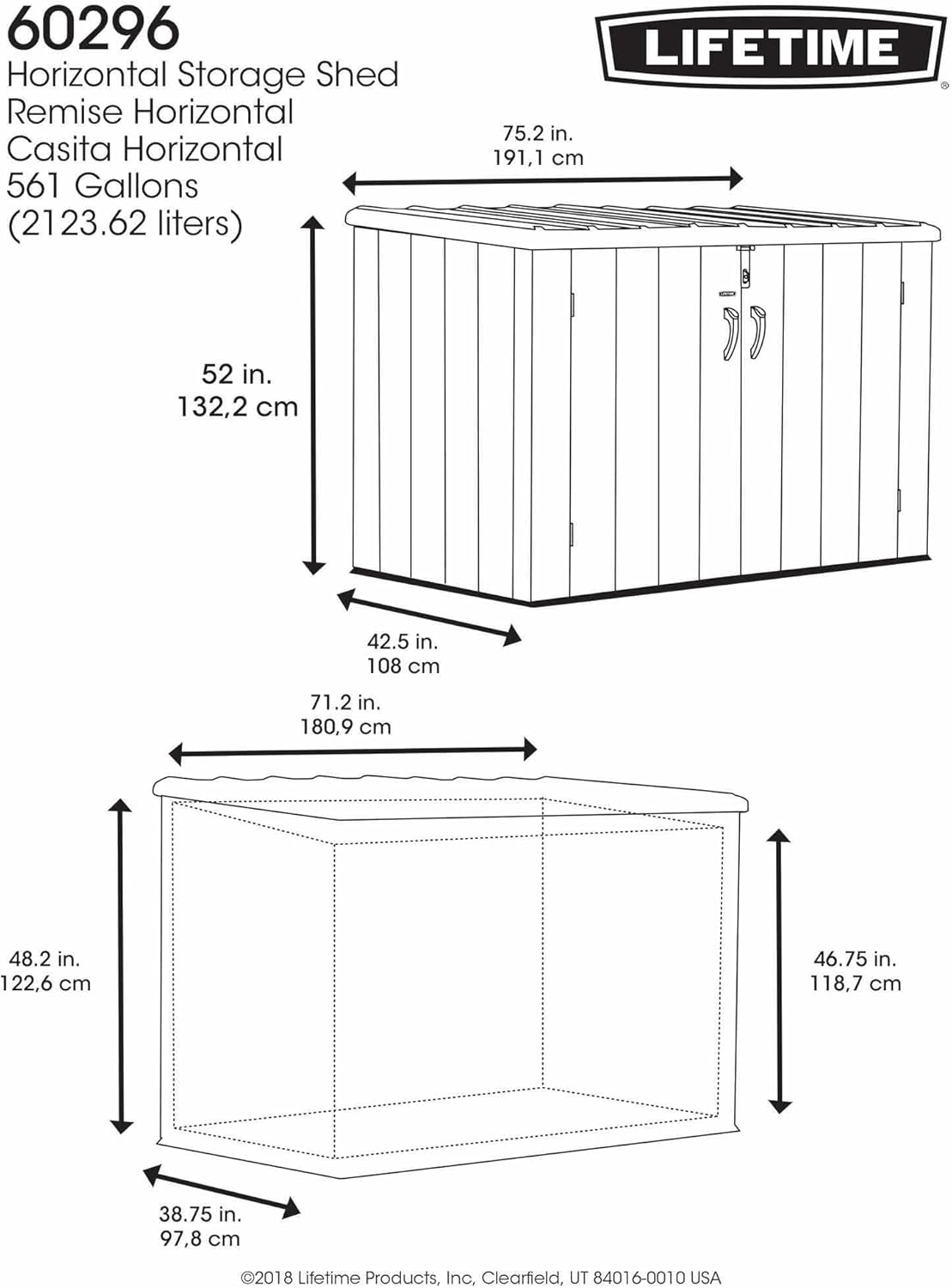 Technical drawing of the Lifetime 60296 Horizontal Storage Shed with detailed dimensions in inches and centimeters, showing length, width, and height, and indicating a capacity of 561 Gallons (2123.62 liters).