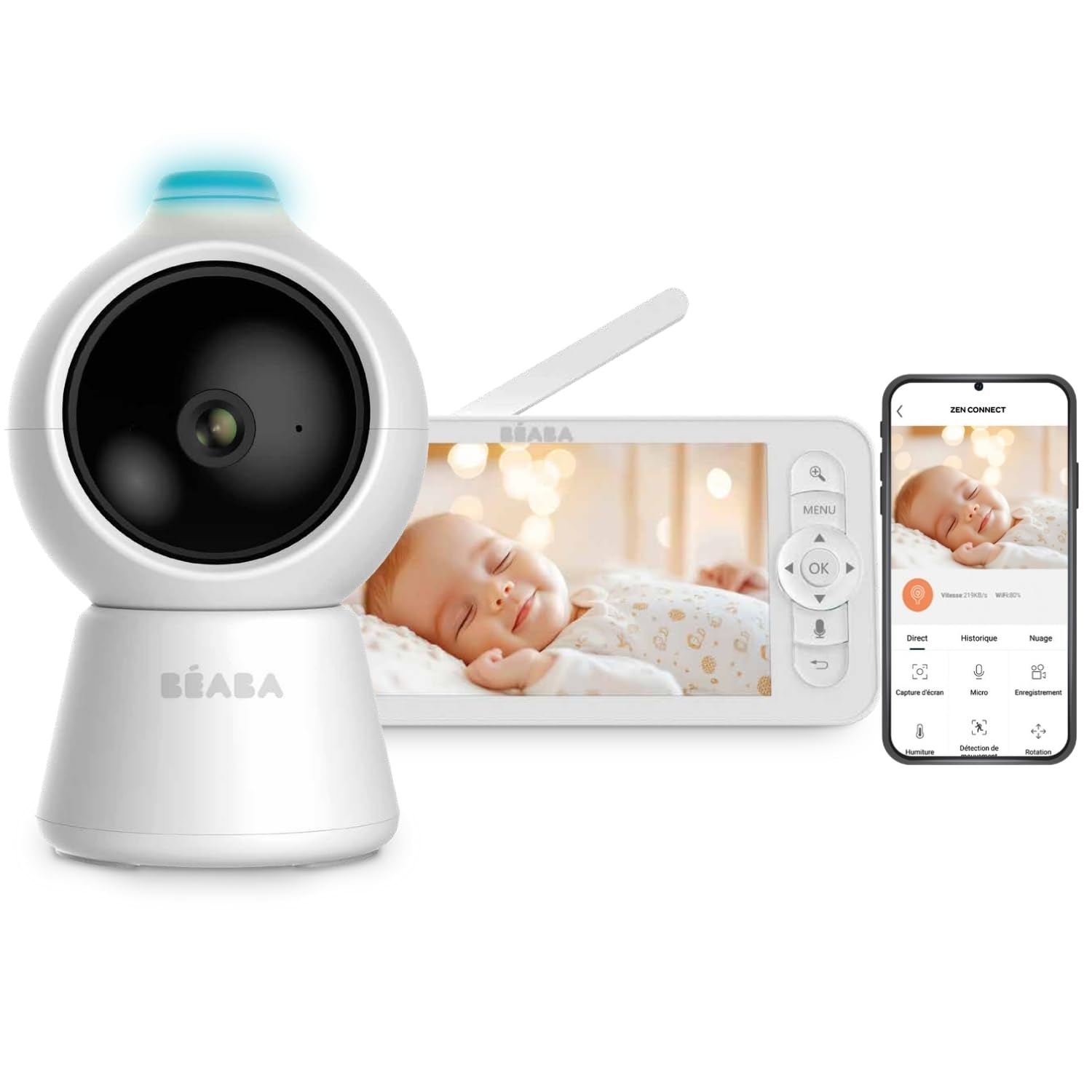 BÉABA Zen Smart AI Babyphone Vidéo 3 en 1, Blanc | Caméra 360° Full QHD 4MP, Écran HD 720p, IA Détection Retournement, Vision Nocturne, Application Mobile