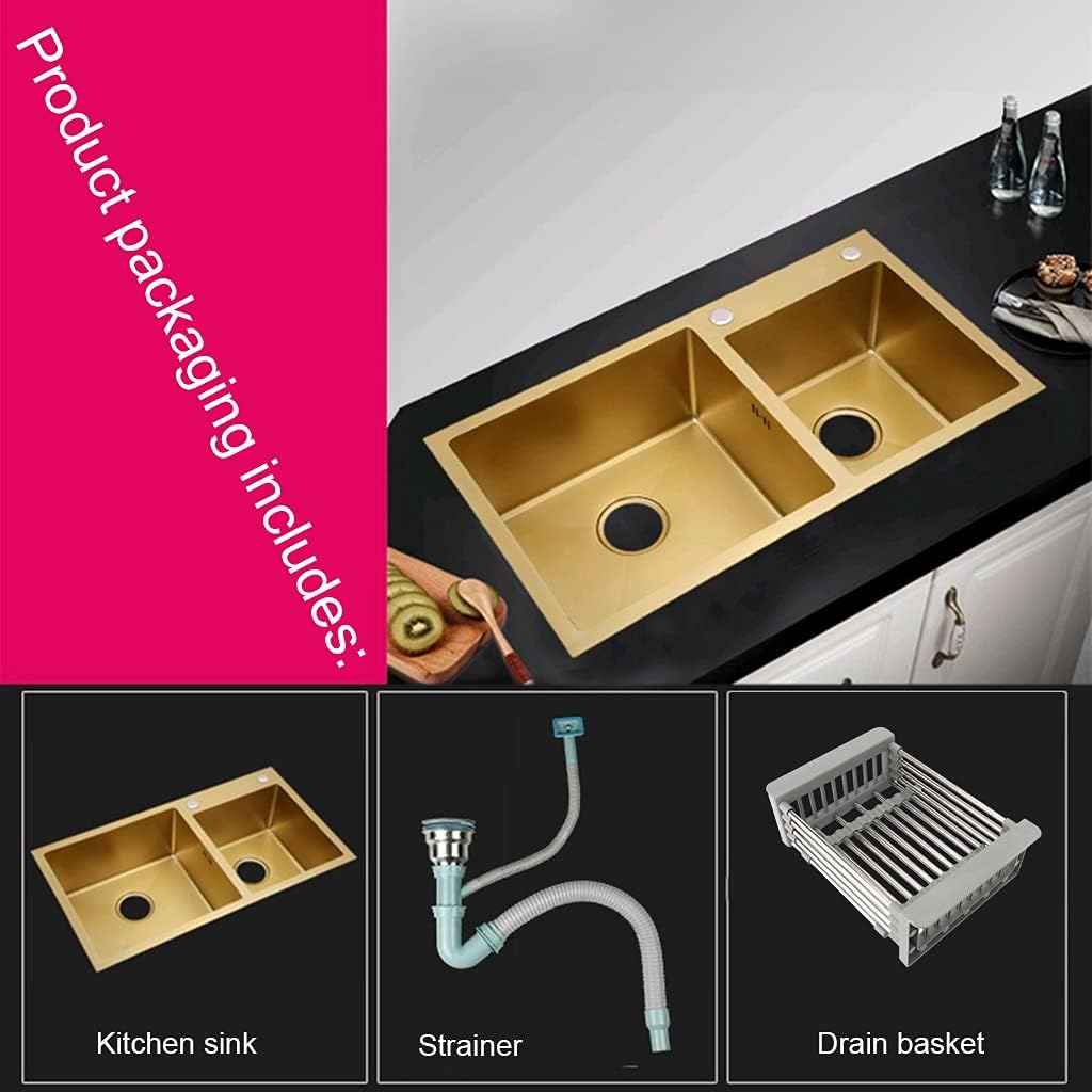 Brushed Gold Double Bowls Large Gold Square 304 Stainless Steel Sink with Drain Pipe Drop-in (Gold 80×45×22cm) (Gold 80×45×22cm)