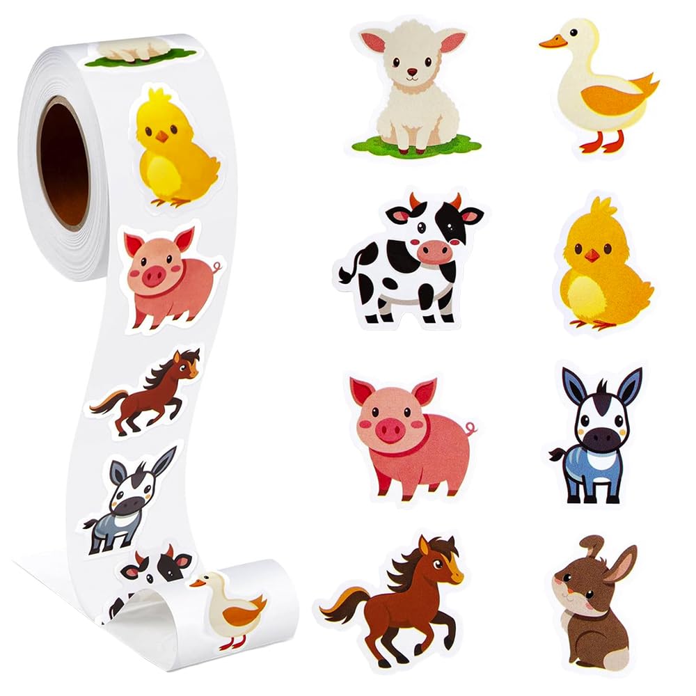 Zveniy Girls Multicolour 500Pcs Farm Animal Stickers Roll - 1" Self-Adhesive Farm Animal Labels 8 Patterns Cute Cartoon Animals Decals Reward For Kids Incentives Scrapbook Envelope Seals Party Favor Diy Craft