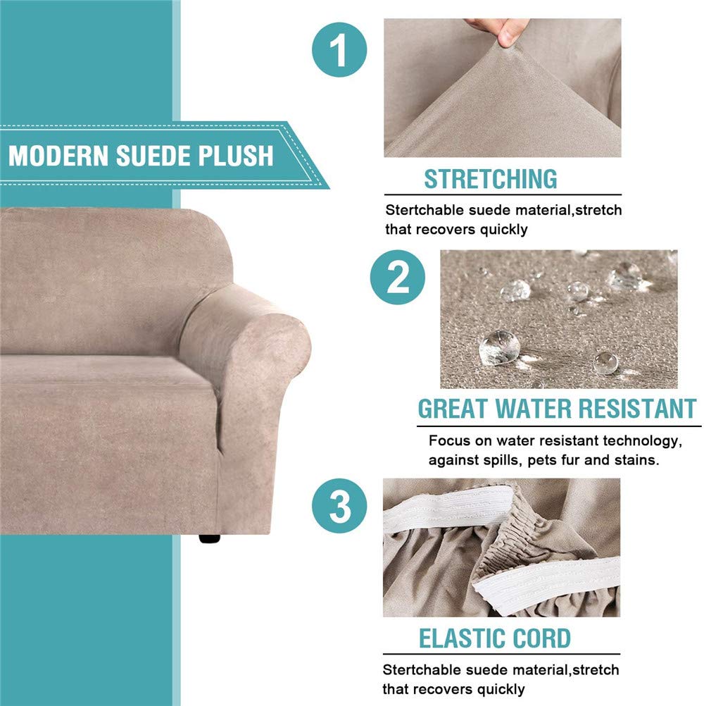 LINGKY Fodera per Divano in Velluto Universale, Copridivano in Velluto Elasticizzato per Divano A 1/2/3/4 Posti, Idrorepellente, Vari Colori, Pelle & Scamosciato (Cachi,2 posti(122-172 cm))