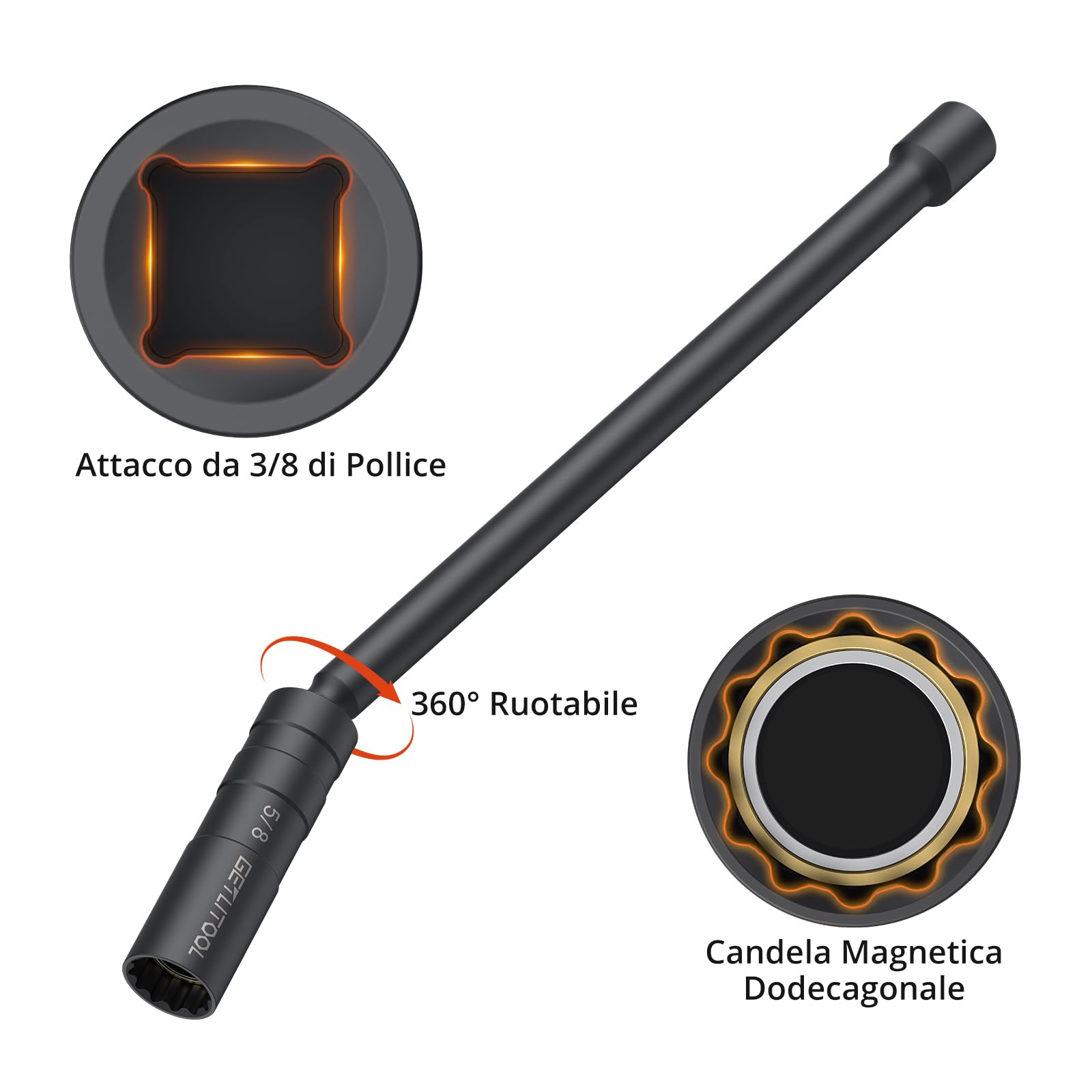 GETLITOOL Set 6pz Chiavi Candele 14/16 mm con Adattatore 1/2" a 3/8" e Spessimetro, 6X Bussole Lunghe per Candelette Auto 10/15/28 cm Chiave Magnetica Girevole 360° in CVR con Valigetta