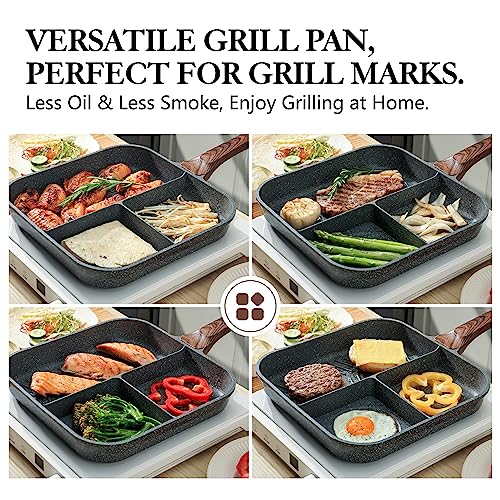 Image of Sensarte Nonstick 11-Inch Square Grill Pan, 3-Section Versatile Breakfast Skillet, Die-cast Aluminum, PFOA, PFOS, APEO Free, Induction, Gas, Electric, Glass, Ceramic