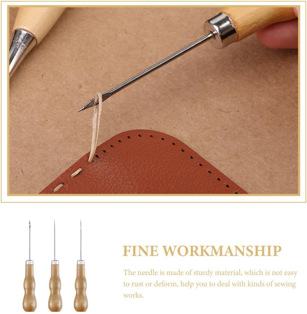 JOINPAYA 3pcs Wooden Handle Leather Awls Sewing Tools Set with Straight, Curved, and Medium Point Prickers for DIY Leather Craft and Shoe Repair